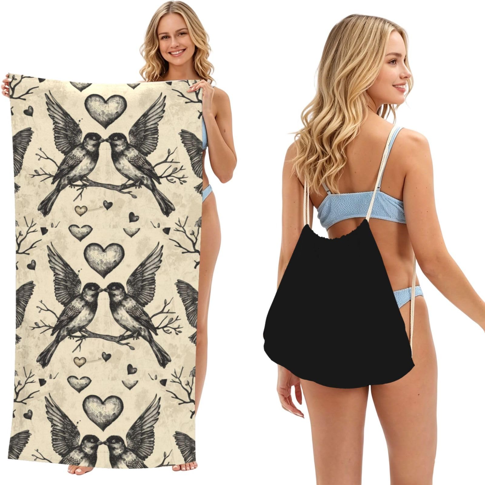 SKGOHLH Love bird silhouette 2in1 Packable Beach Towel Bag Women