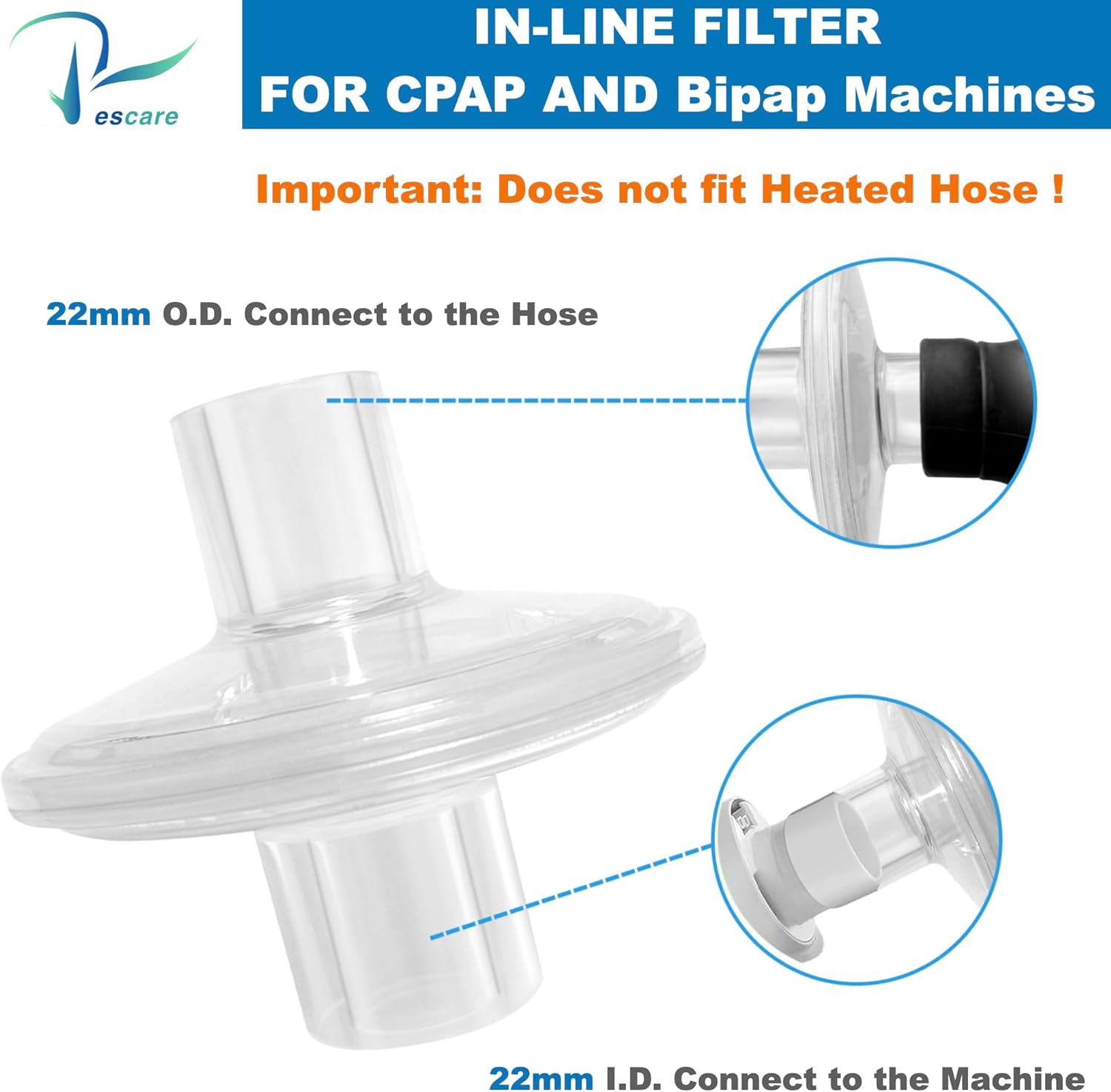 CPAP Inline Filter-10 Pcs Universal CPAP Filters for Res-Med&Dream-Station CPAP and BiPAP Machines Compatible with Standard 22mm Cpap Tube, Low Loss Airflow Designed - Image 2