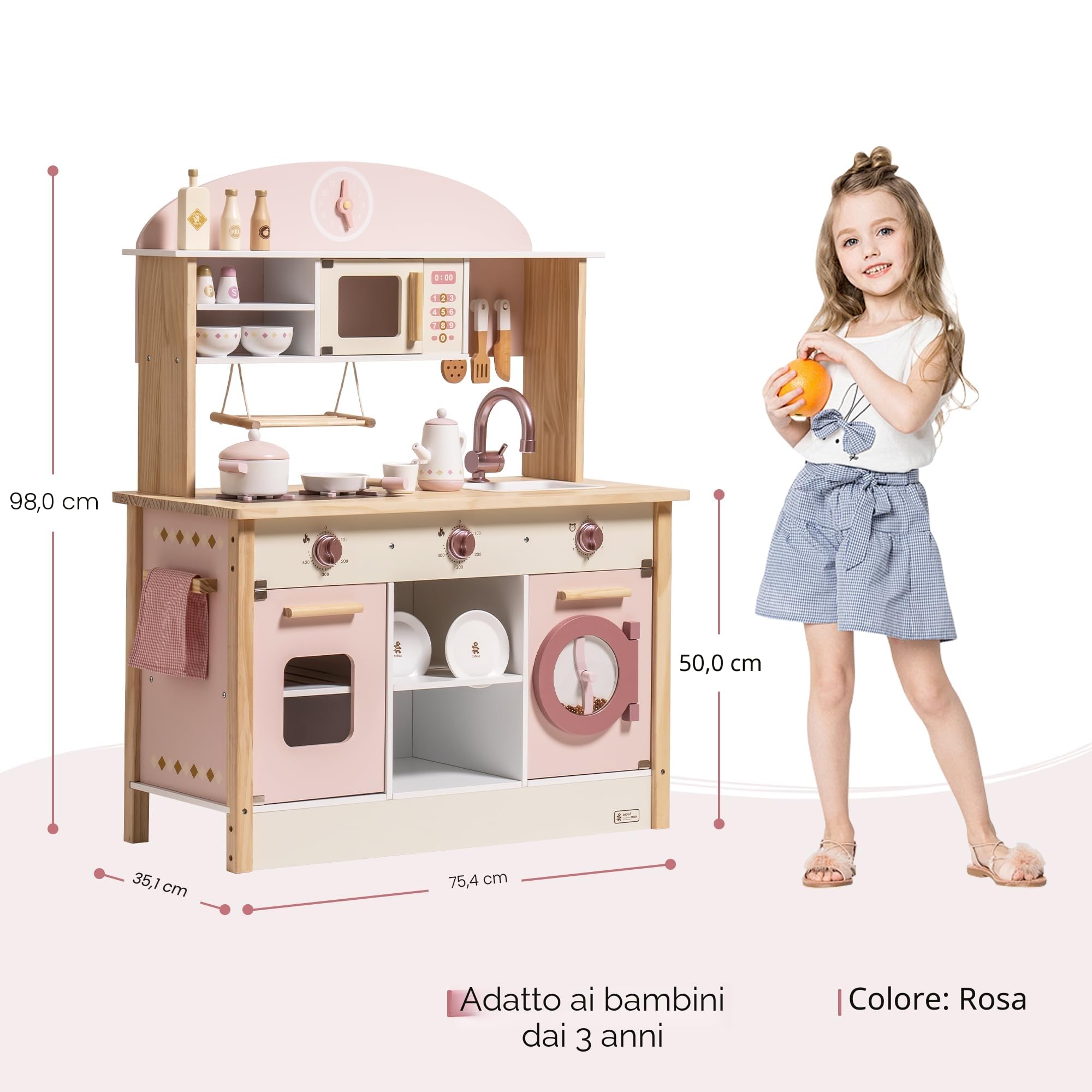 ROBUD Cucina in legno per bambini e bambine dai 3 anni in su, gioco di ruolo, set di accessori da cucina, rosa, grande