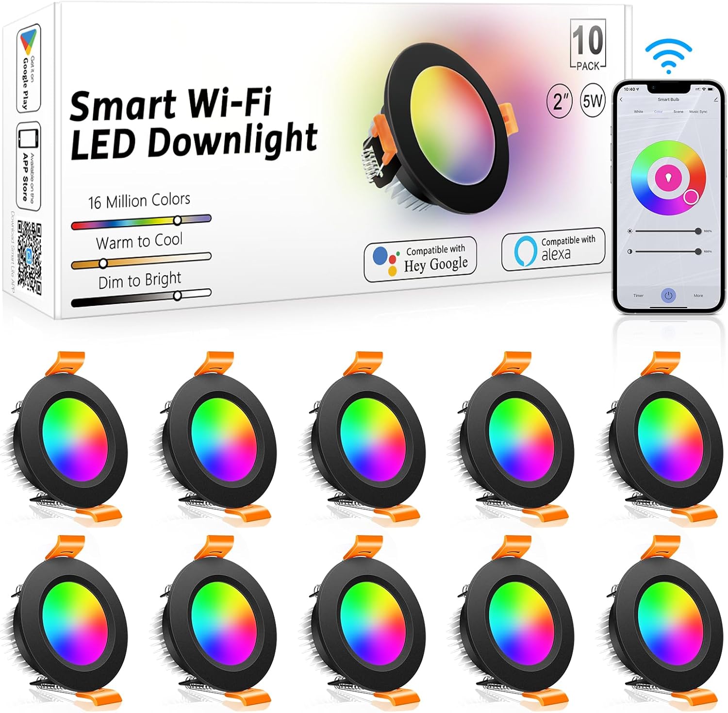 inShareplus 2 Inch Smart Recessed Lighting, 10 Pack WiFi Black LED Downlight 5W 120V, Dimmable RGBCW 2700-6500K Color Changing, Compatible with Alexa/Google, Ceiling Lights with LED Driver inShareplus 2 Inch Smart Recessed Lighting, 10 Pack WiFi Black LED Downlight 5W 120V, Dimmable RGBCW 2700-6500K Color Changing, Compatible with Alexa/Google, Ceiling Lights with LED Driver