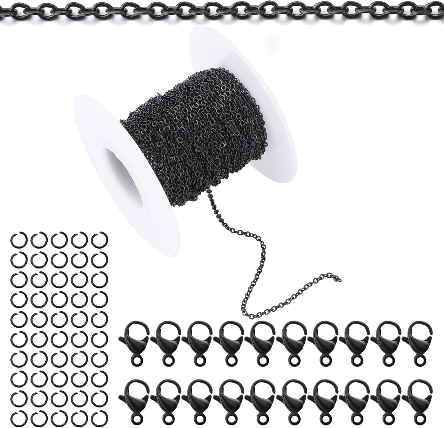 Topacket 33Feet Black Stainless Steel Necklace Chains Cable Link Chains for Jewelry Making DIY Craft Kit with Lobster Clasps Jump Rings