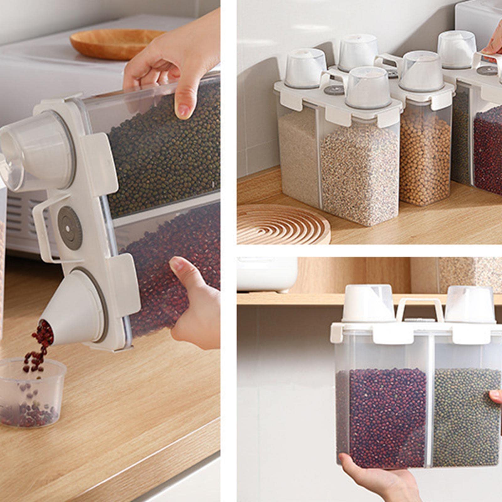 Contenedor de arroz con compartimentos, Barril de arroz transparente, Caja de almacenamiento de granos con compartimentos, Dispensador hermético de alimentos secos de 4L, Diseño de 2 compartimentos,