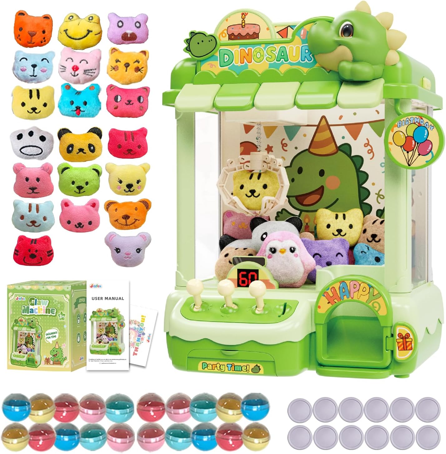 Dinosaur Claw Machine for Kids, Dino Vendng Machine for Boys and Girls, Candy Grabber Prize Dispenser with 20 Mini Plush Toys and 20 Capsules, Fun Toys Arcade Game Birthday Gifts for Age 3+