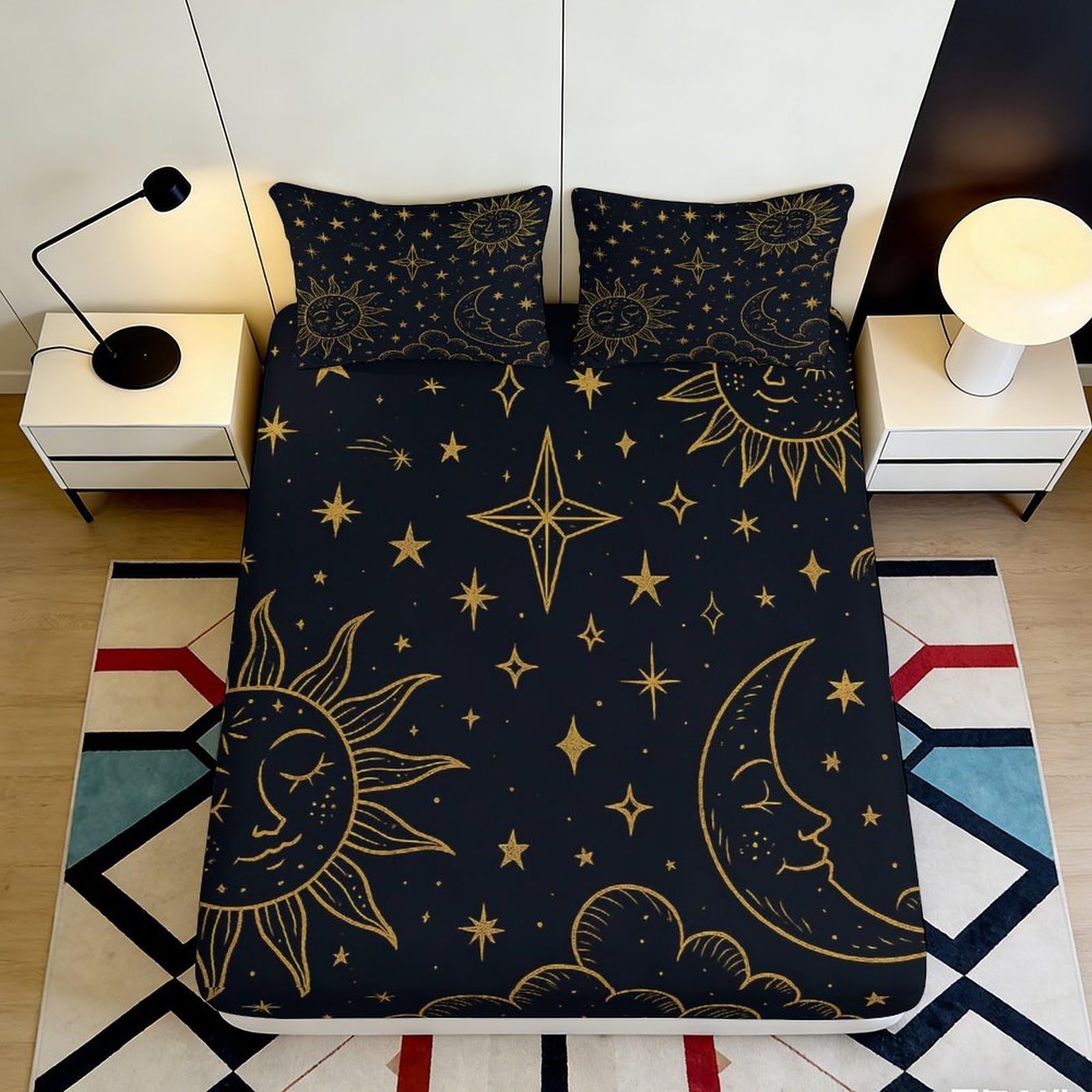 Pnayamiorkfel Style-4 3D Printed Celestial Sun Moon Fitted Sheet Microfiber Soft Breathable Starry Night Mattress Cover For Bedroom Dorm Decor 90X200x25cm