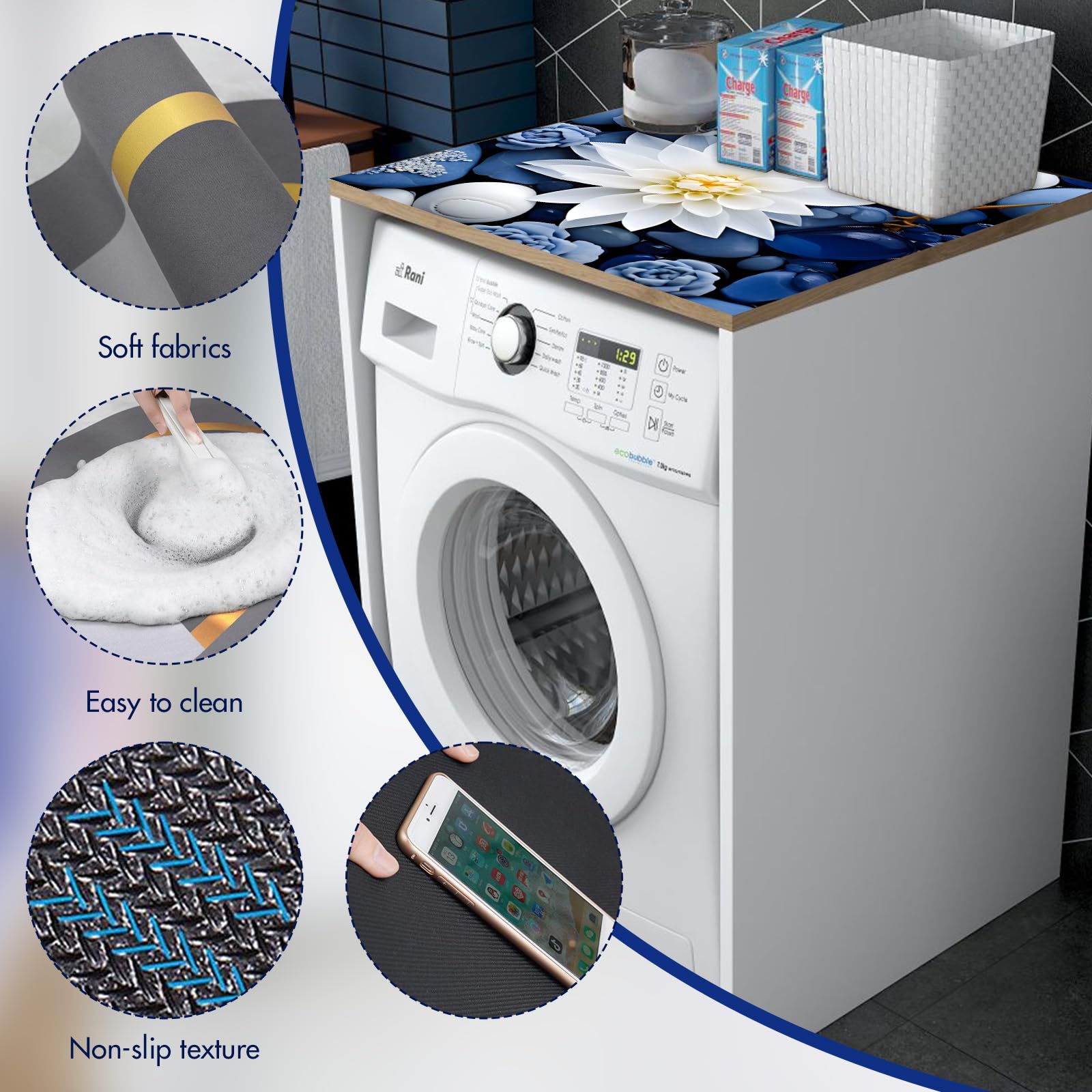 Washing Machine Cover 60 x 60 cm Washing Machine Dust Protection, Non-Slip, Universal Tabletop Washing Machine Pad, Soft and Cuttable Ideal for Washing Machine, Dryers, Refrigerator, Kitchen (B)