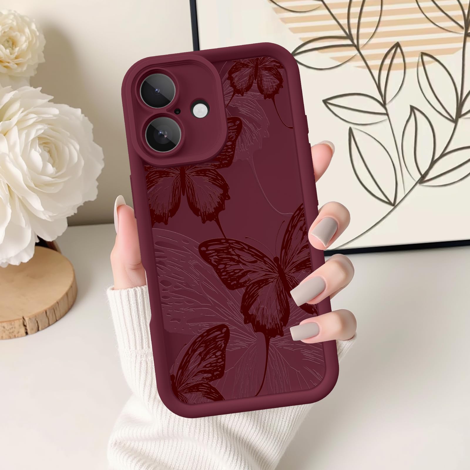 Custodia per iPhone 17, design creativo con motivo a farfalla, per ragazze e donne, in morbido silicone antiurto e antigraffio, cover per iPhone 17 (farfalla rossa bordeaux)