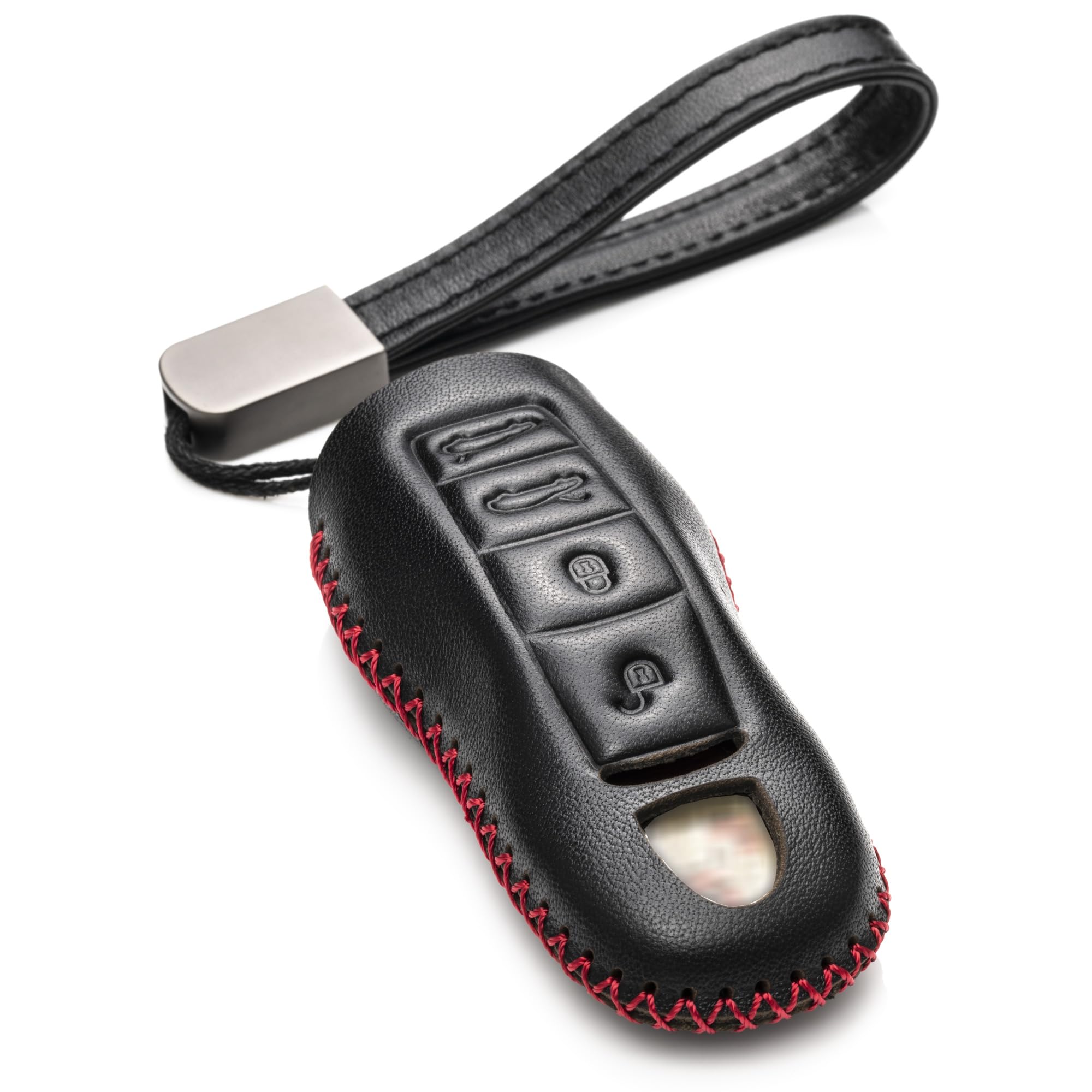 Genuine Leather Smart Key Fob Case with Leather Key Strap Compatible for Porsche 911, Cayenne, Macan, Panamera, Cayman, Boxster (2010 - 2022 Models) - 4 Buttons, Black/Red
