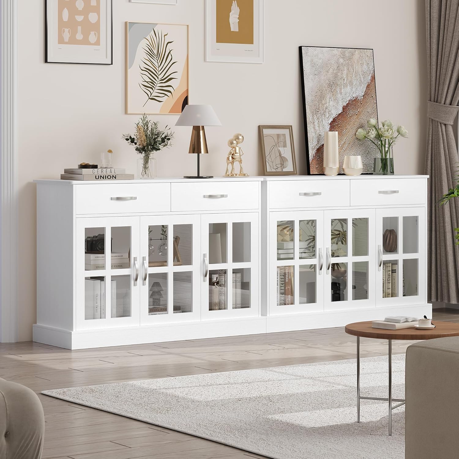 FirFurd Aparador Cocina con 3 Puertas de Cristal, Vitrina Salón, Muebles de Cocina, Aparador Comedor, Armario Buffet con 2 Cajones, Estantes Ajustables, Blanco 120x40x84cm
