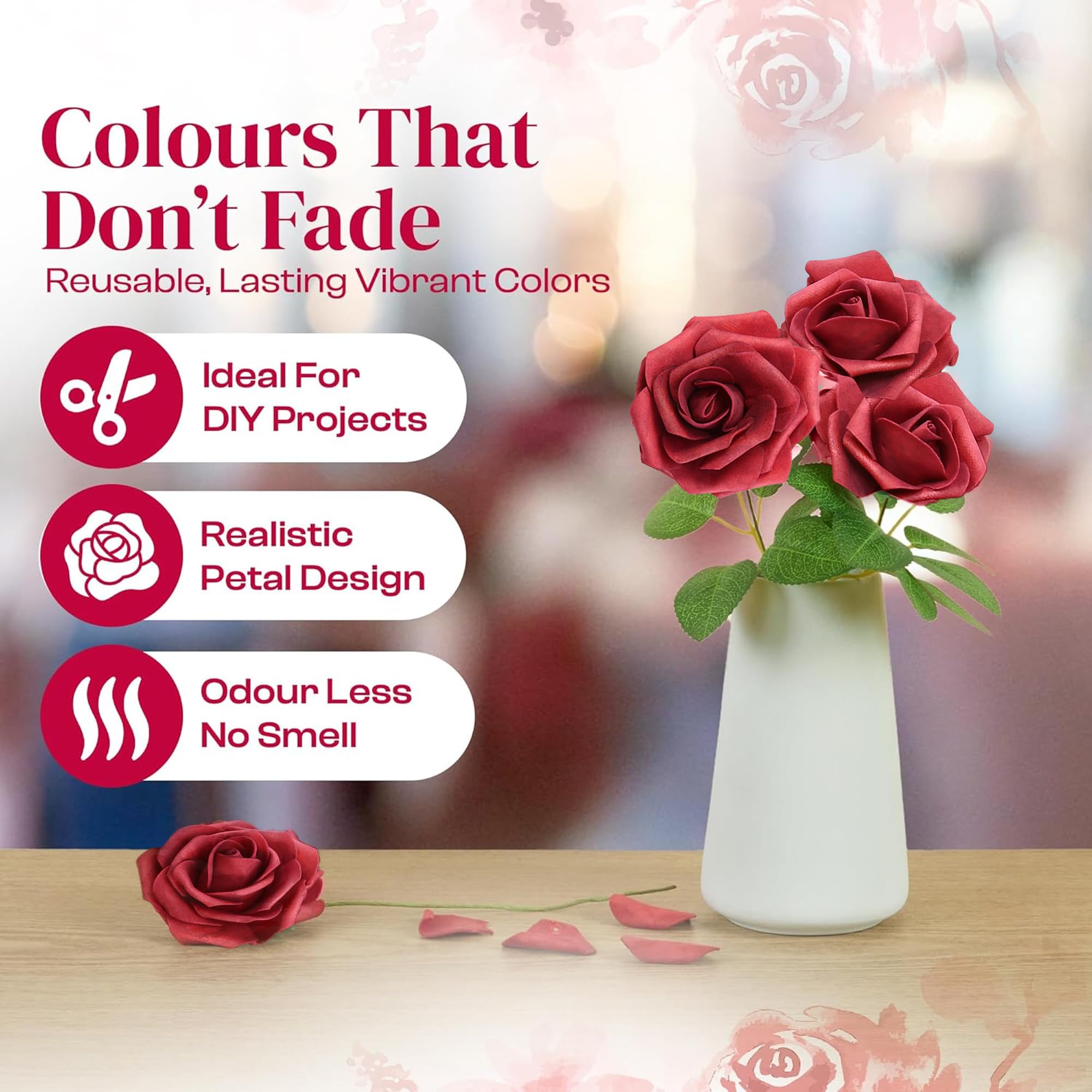 Petalscentusia Artificial Roses 25 pcs Fake Roses with Stems and 20 Leaves Foam Latex for Wedding Bouquets Valentine's Day - Image 3