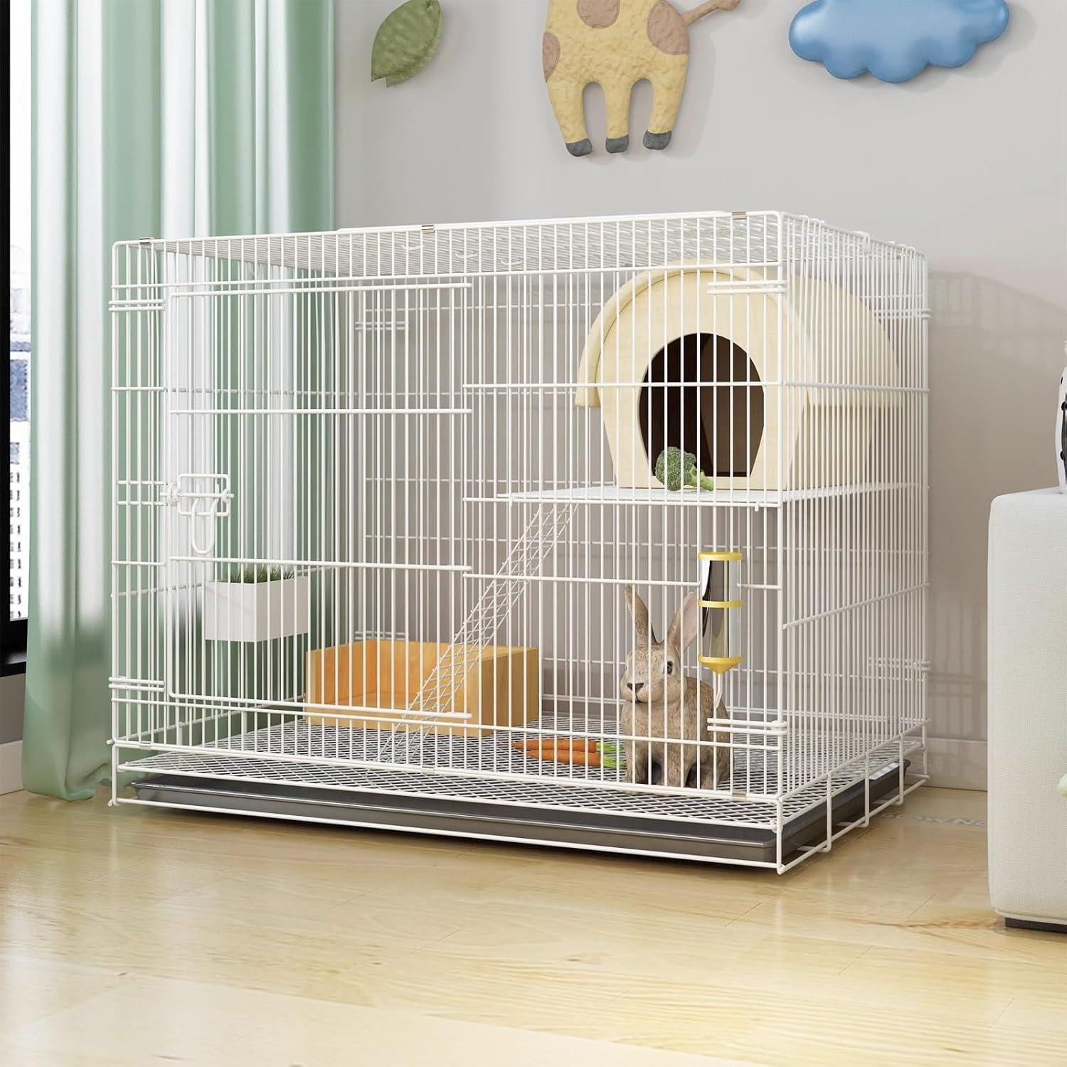 2-stöckiger Indoor-Kaninchenkäfig Metall Verschlüsselungsstruktur Kleintierkäfig mit aufklappbarer Oberseite, herausnehmbares Tablett, für kleine bis mittelgroße Tiere, schwarz, 60 cm L x 40 cm B x 50