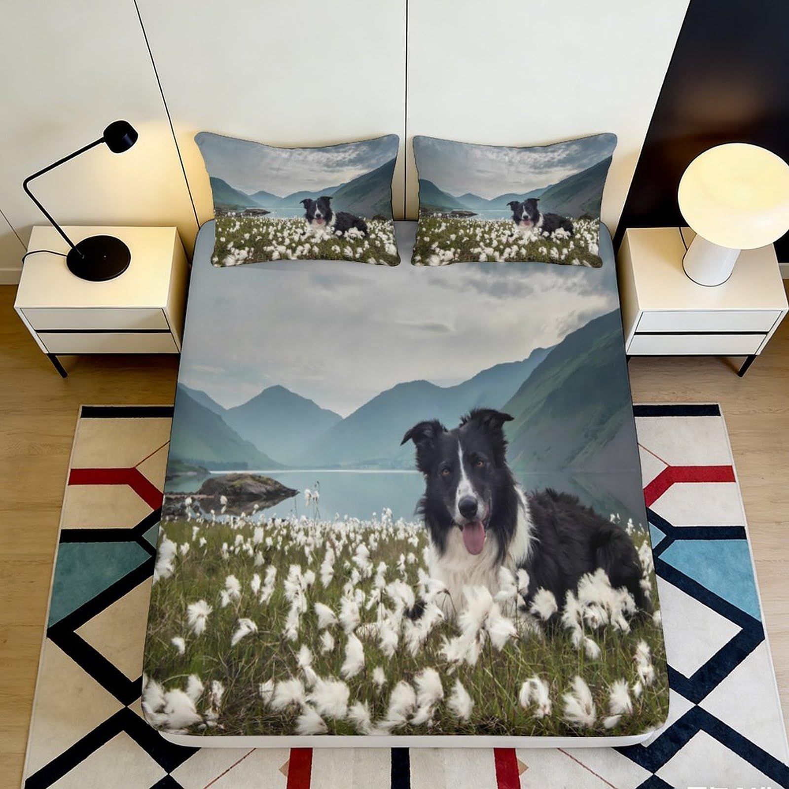 3D Printed Border Collie Meadow Fitted Sheet Microfiber Scenic Mountain Mattress Cover Anti-Slip Washable for Bedroom Guestroom Decor 90x200x25cm