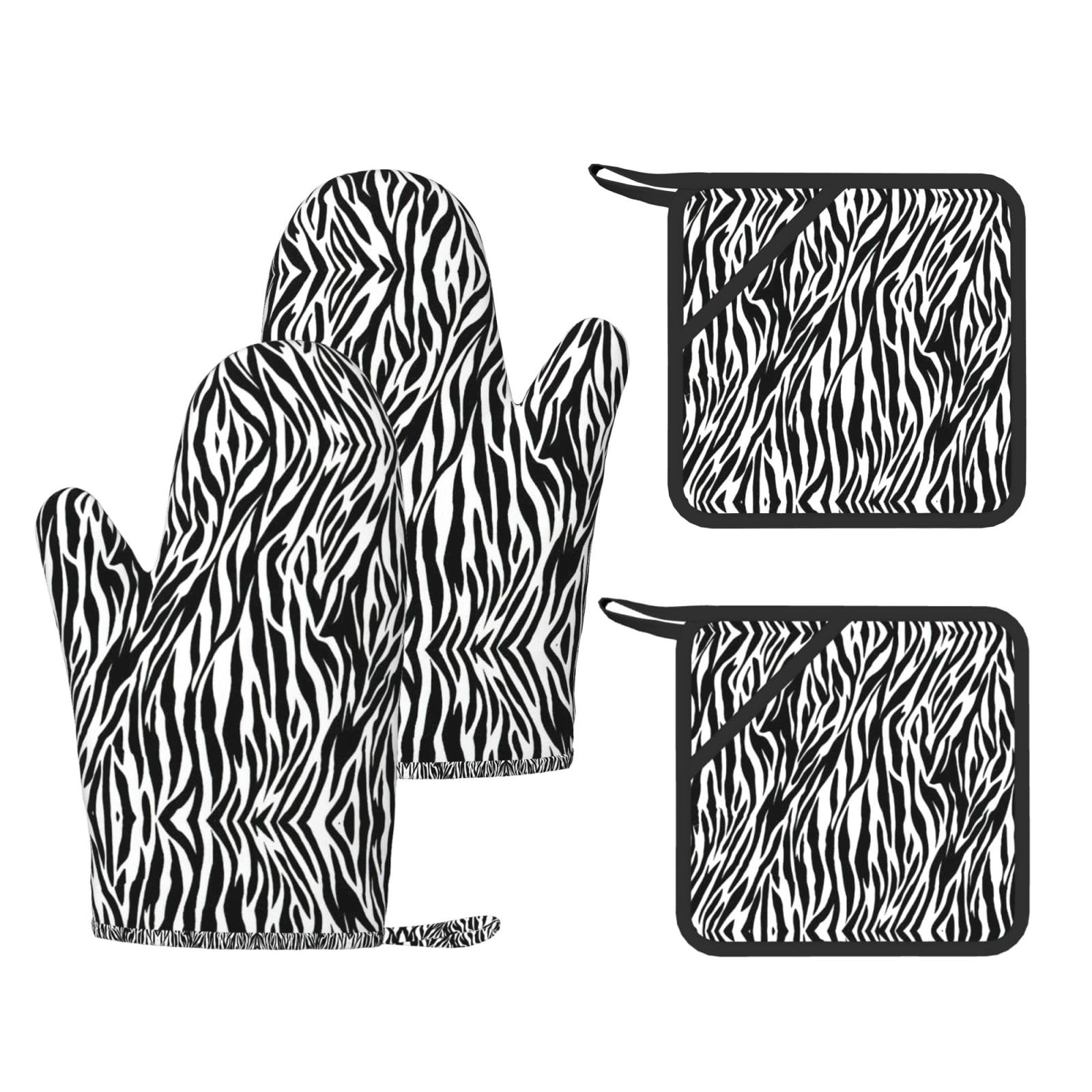 Zebra Print Printed Cooking Mitts and Pot Holders 4 Pcs, Heat Resistant Oven Gloves with Hanging Loop Chef