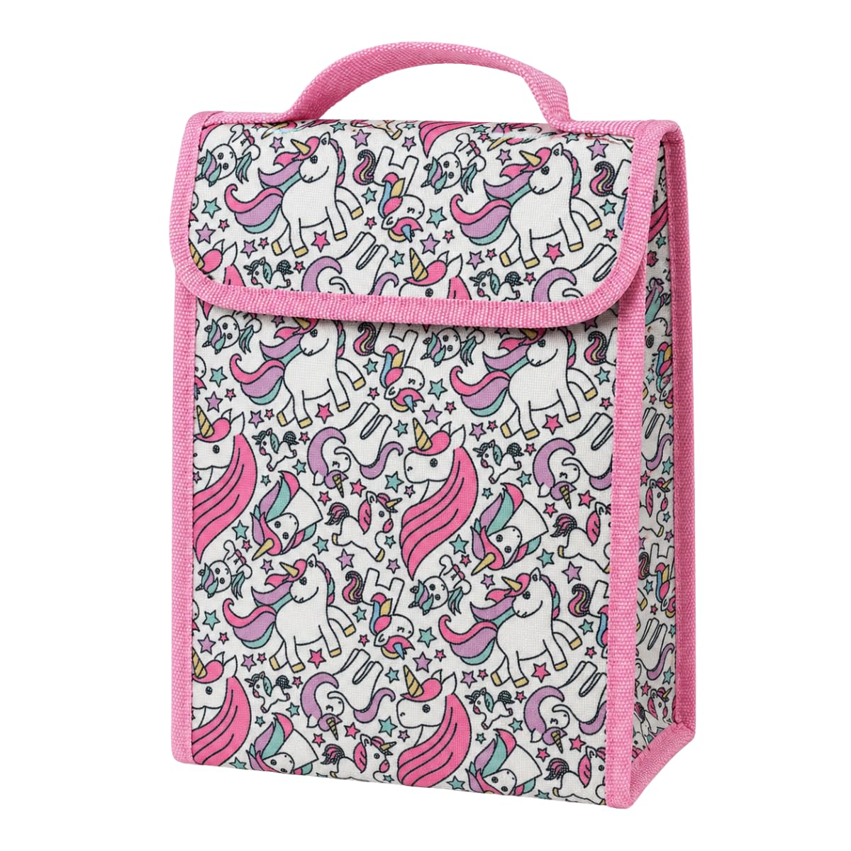 Kids Unicorn Insulated Lunch Bag, Pink Reusable Cooler Lunch Box With Foil Lining, Hook and Loop Closure, Carry Handle, School Picnic Snack Food Bag, 18 x 10 x 24 cm