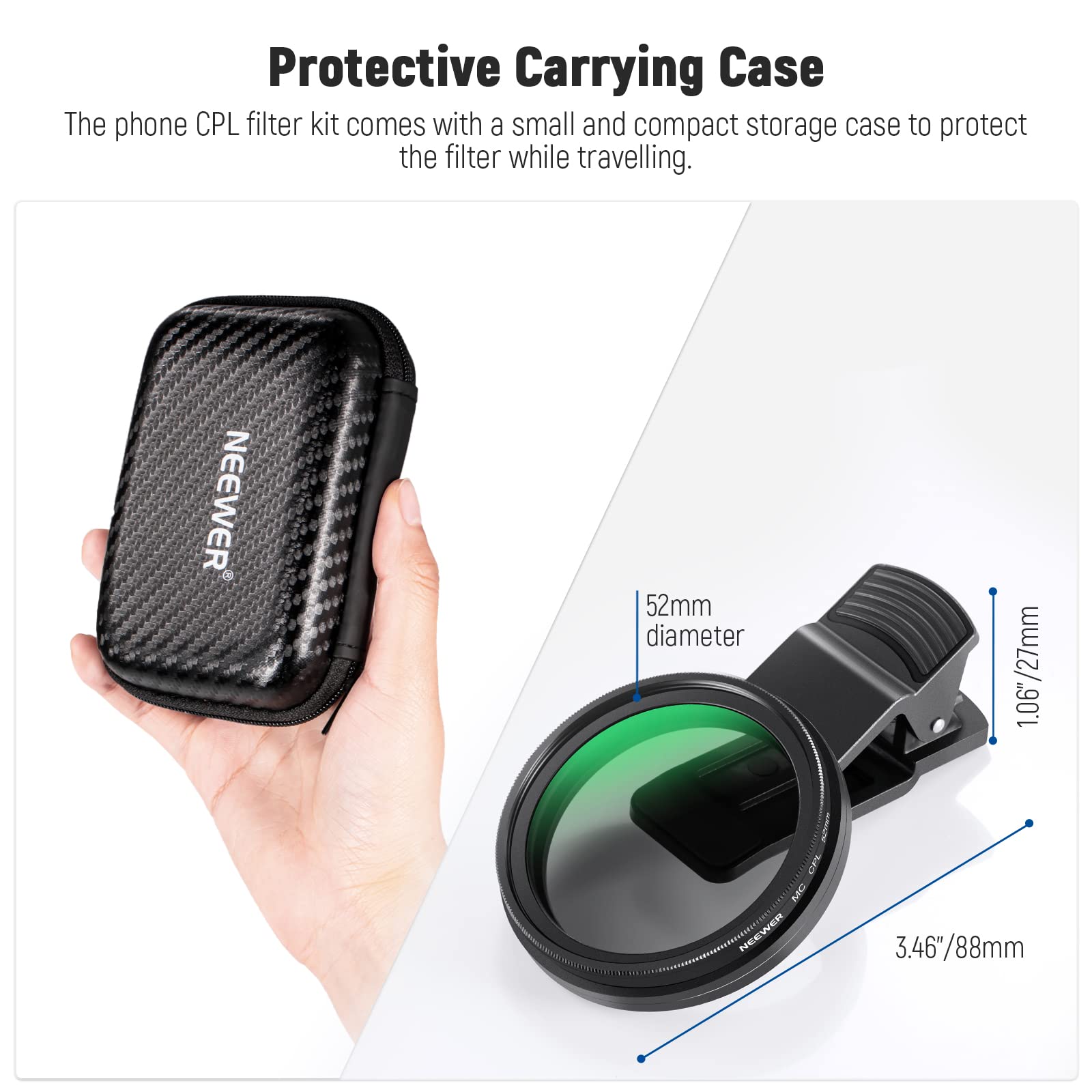 NEEWER Filtr CPL 52 mm do telefonu, klips na okrągły filtr polaryzacyjny z klipsem do telefonu, etui do przechowywania i ściereczka do czyszczenia, kompatybilny z iPhone Samsung Galaxy Android DSLR