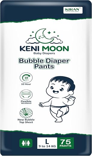 Keni Moon bubble Baby Diaper Pants Large (L) size, 75 Count | 10 Hr Absorption | Ideal for 9–14 kg