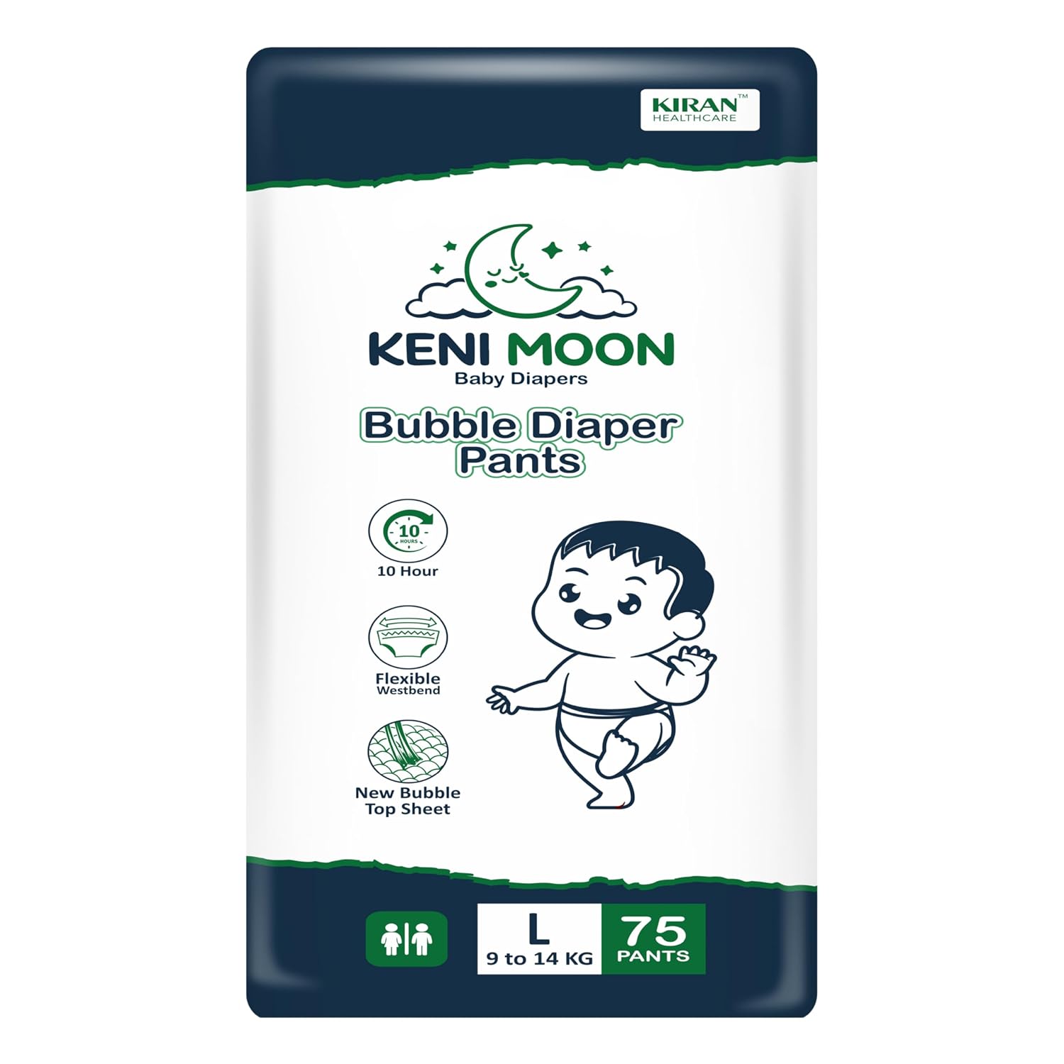 Keni Moon bubble Baby Diaper Pants Large (L) size, 75 Count | 10 Hr Absorption | Ideal for 9–14 kg
