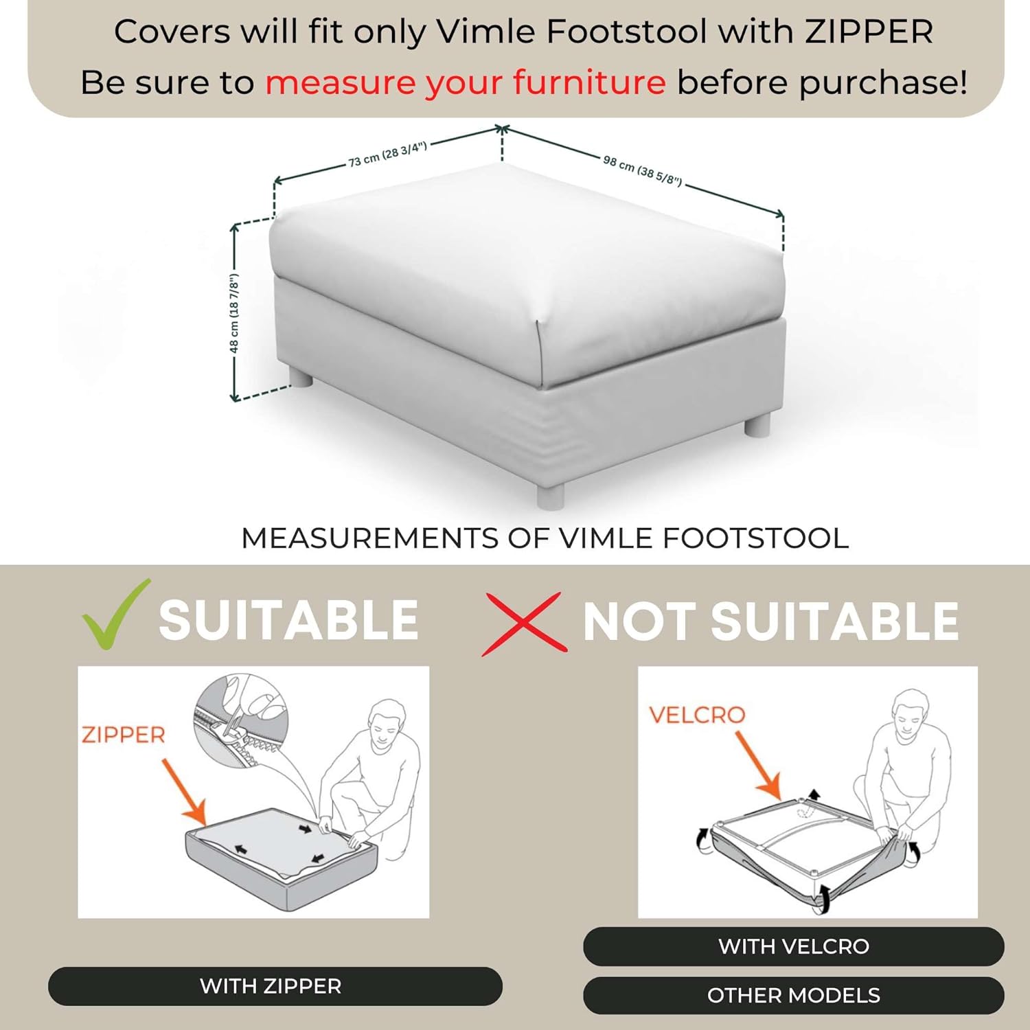 comfortly Cover for Vimle Footstool (Zipper Model), Replacement Slipcover, Heavy Duty 2 pcs Cover, Soft Durable Washable Fabric, Easy to Clean & Replace (Crown - Amber)