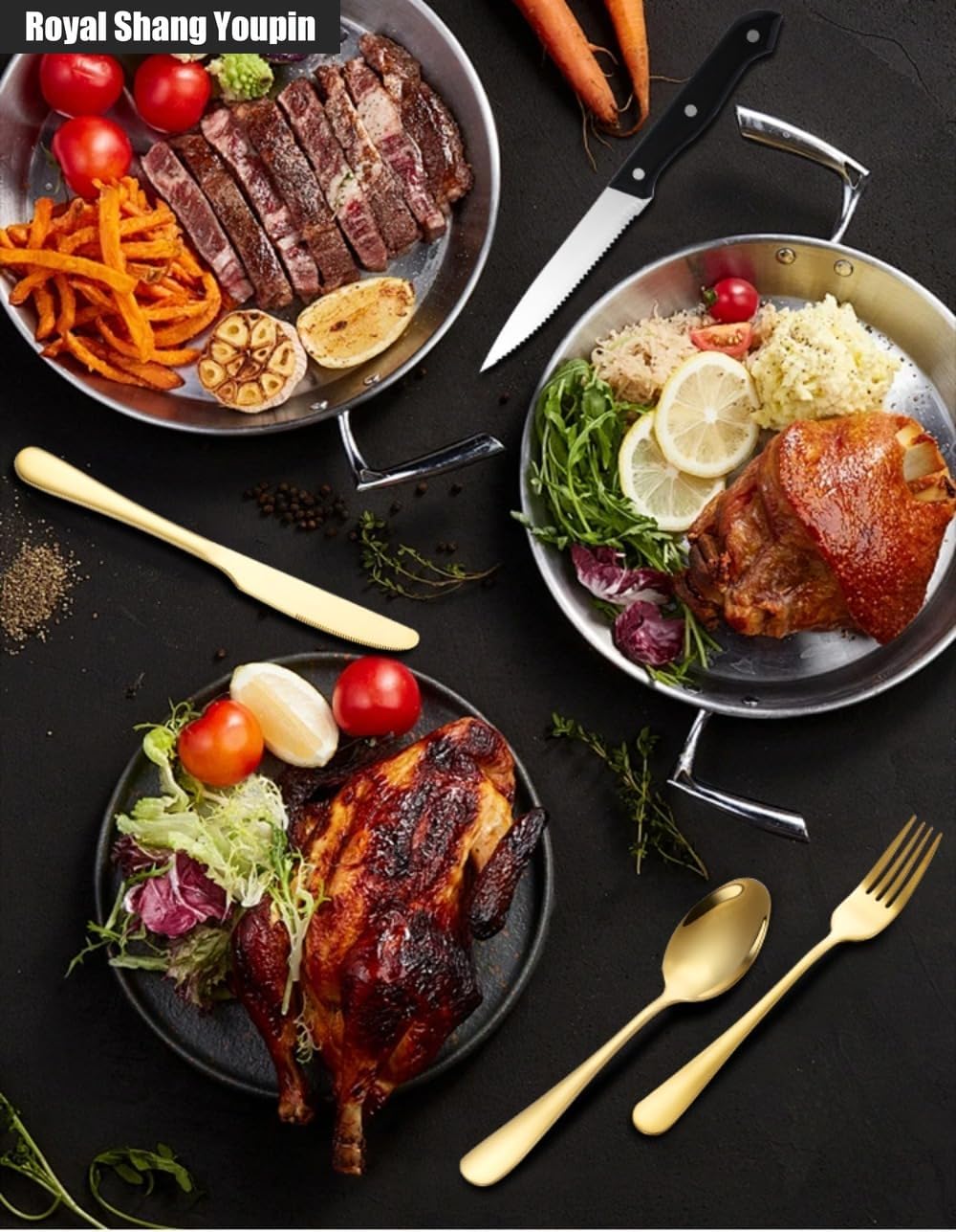 24 Pieces Stainless Steel Silverware Kitchen Cutlery Set Utensils Tableware Flatware Sets for 4, Steak Knife Fork Spoons Teaspoons (Multicolor)