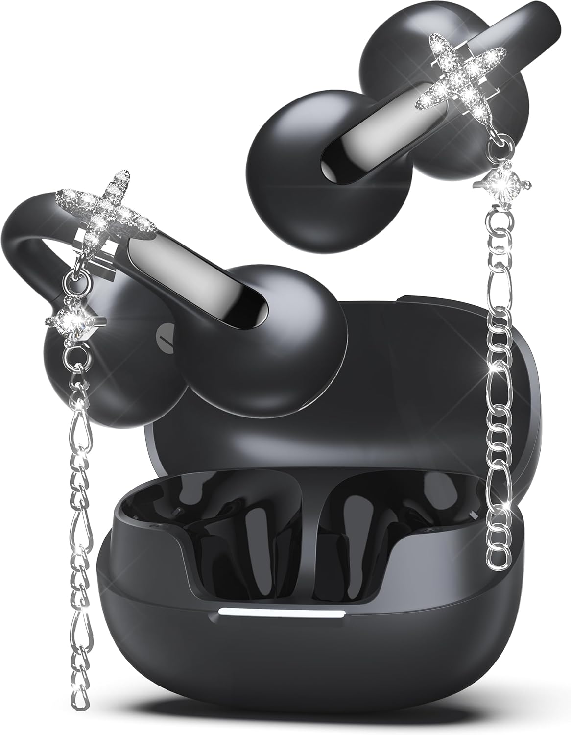 Open Ear Earbuds with Dangling Star Jewelry Earrings, Wireless Bluetooth 6.0 Clip-on Earbuds, 50H Playtime, Comfortable Snug Fit, Chic Tech Accessories & Gifts for Women&Kids(Black)