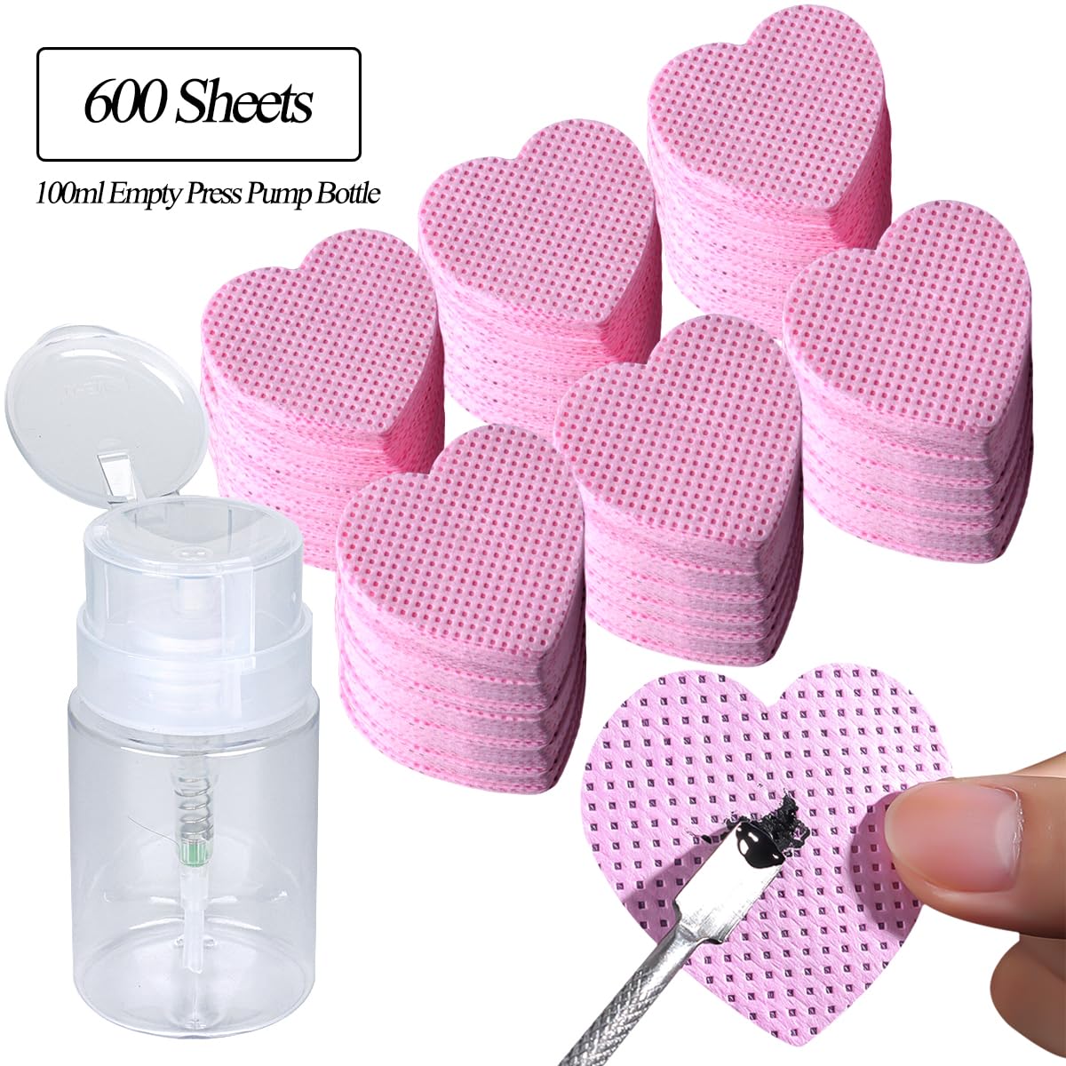 600 toallitas para uñas sin pelusa con botella de bomba de prensa vacía de 100 ml, removedor de esmalte de gel, almohadillas de algodón limpias y dispensador de acetona, toallitas de pegamento de