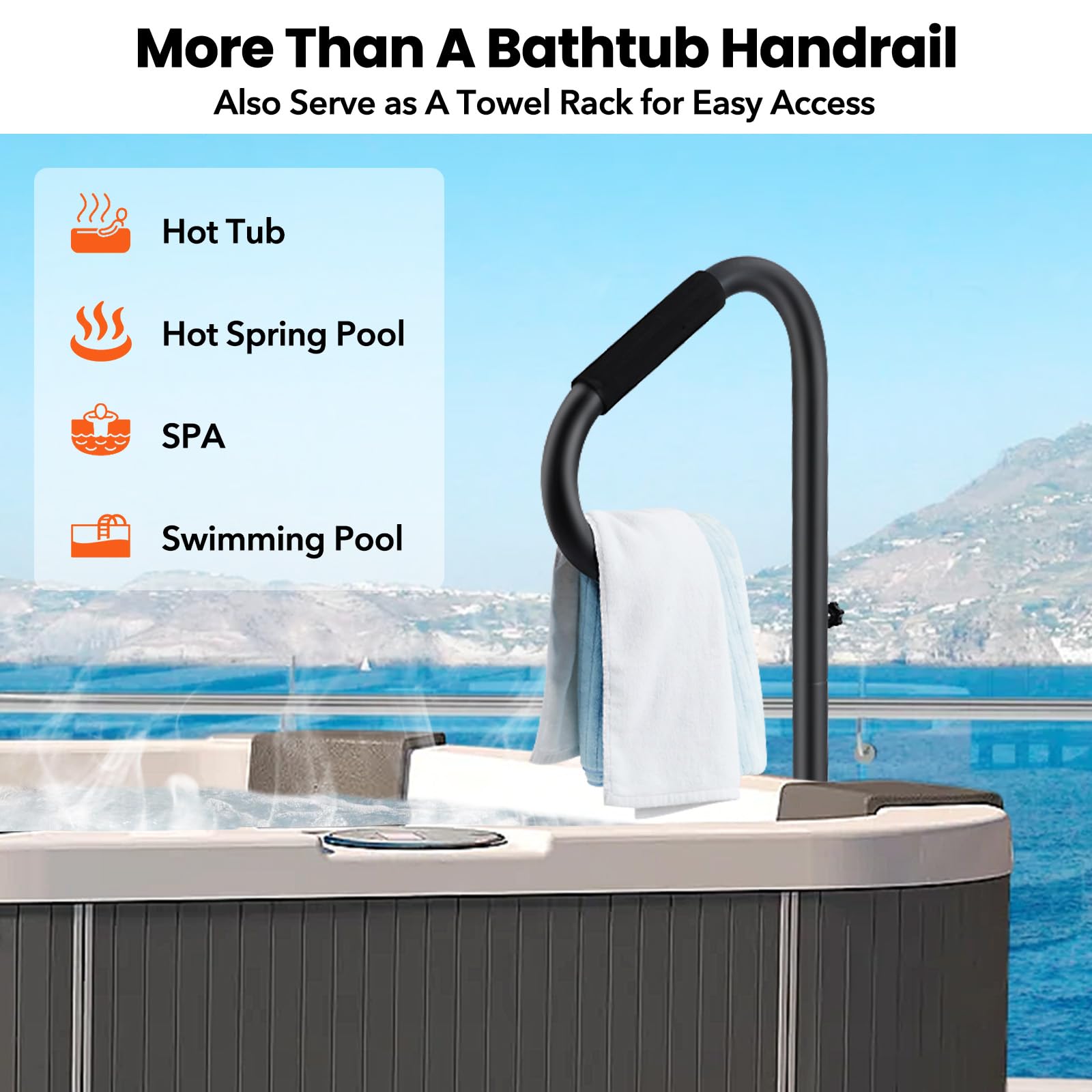 Zstar 360° drehbarer Handlauf für Whirlpools und Badewannen – höhenverstellbar, rutschfester Griff, stabiles Untergestell, mit LED-Licht, für Innen- & Außenbereich, bis 272 kg belastbar – Schwarz,