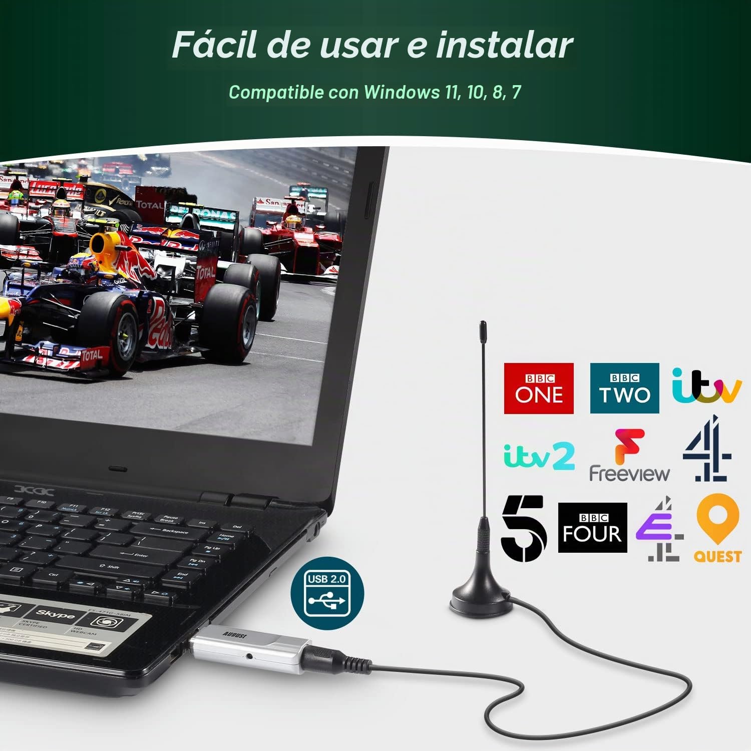 August DVB-T210 Freeview HD TV Sintonizador USB Stick – Mira y graba Canales Freeview en Laptop y PC, graba en HDD o SSD a través de USB, no Requiere WiFi, Receptor DVB-T2 para Windows 11 Home, 10, 8