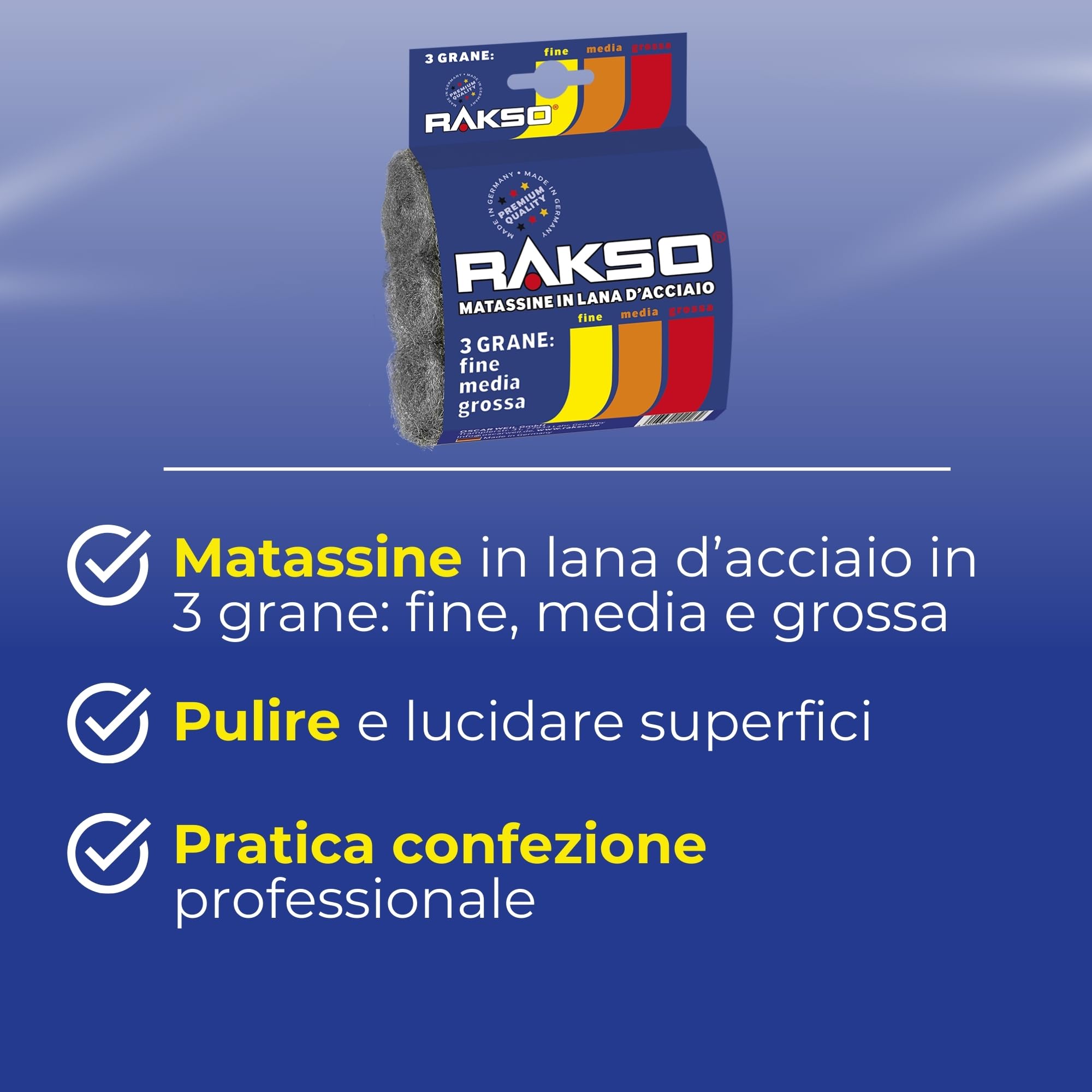RAKSO Lana d'acciaio, tamponi abrasivi fini medi grossolani 3 pezzi per legno vernice metallo