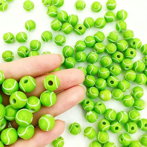 Miniatura 2 de 100 cuentas de pelota de tenis a granel, cuentas deportivas de tenis verdes acrílicas, cuentas espaciadoras redondas con cuerda elástica para