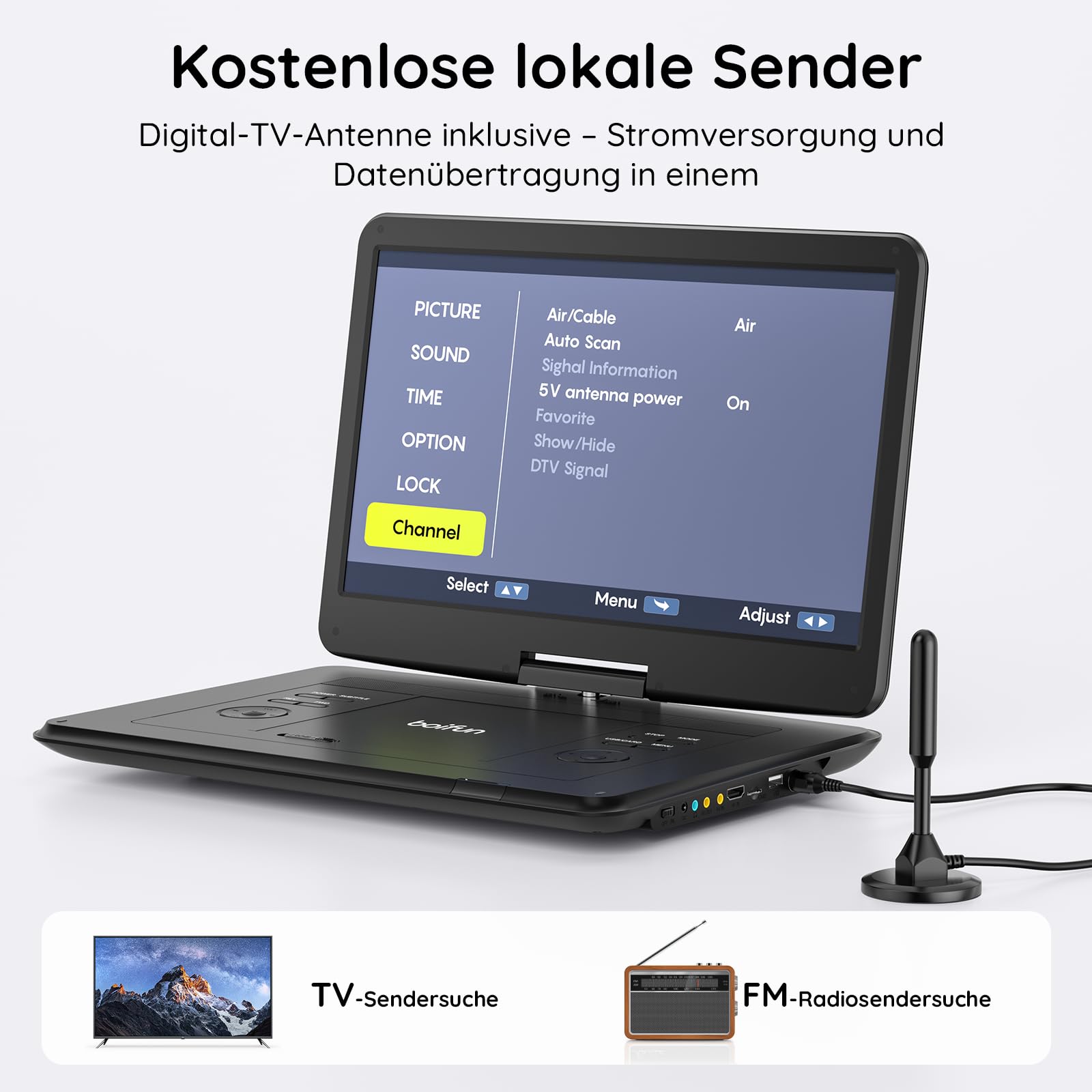 17,5 Zoll Tragbarer Fernseher mit Integriertem DVD-Player, Digitalem DVB-T2-Tuner, Akku, HDMI-Eingang, FM-Radio, USB-Anschluss, SD-Kartensteckplatz und AV-Ausgang
