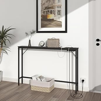 VEDECASA 5.9 Inch Console Table with Charging Station and USB Connections Narrow Hallway Table Side Table Entrance Table Sofa Table Sideboard for Entrance Living Room Hallway Office Sturdy Steel Frame Black