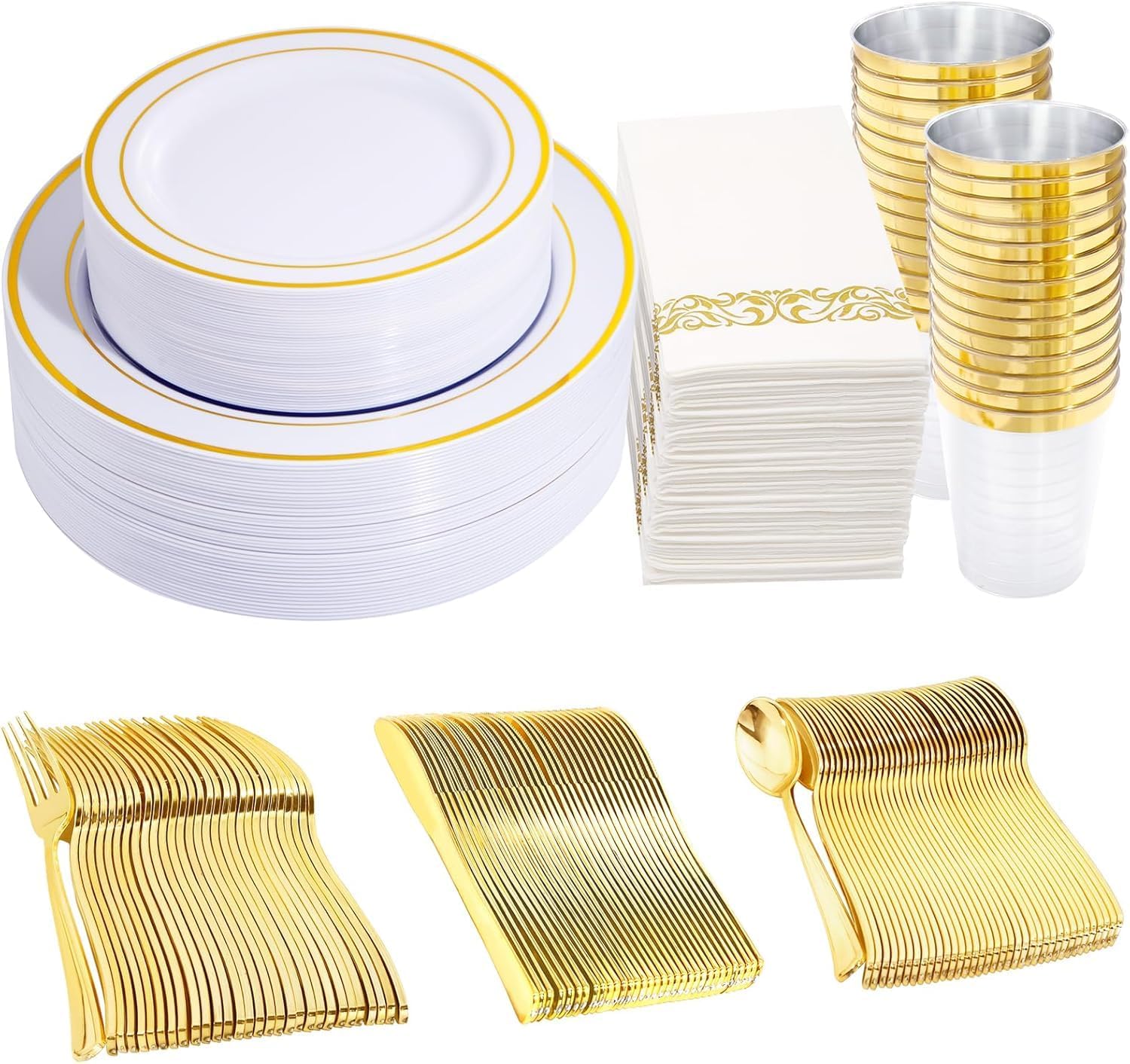 125 Piece Black Plastic Plates with Gold Rim & Disposable Gold Plastic Silverware - Premium Heavyweight Plastic Tableware for Wedding &Parties 350Pieces Gold Dinnerware Set Gold
