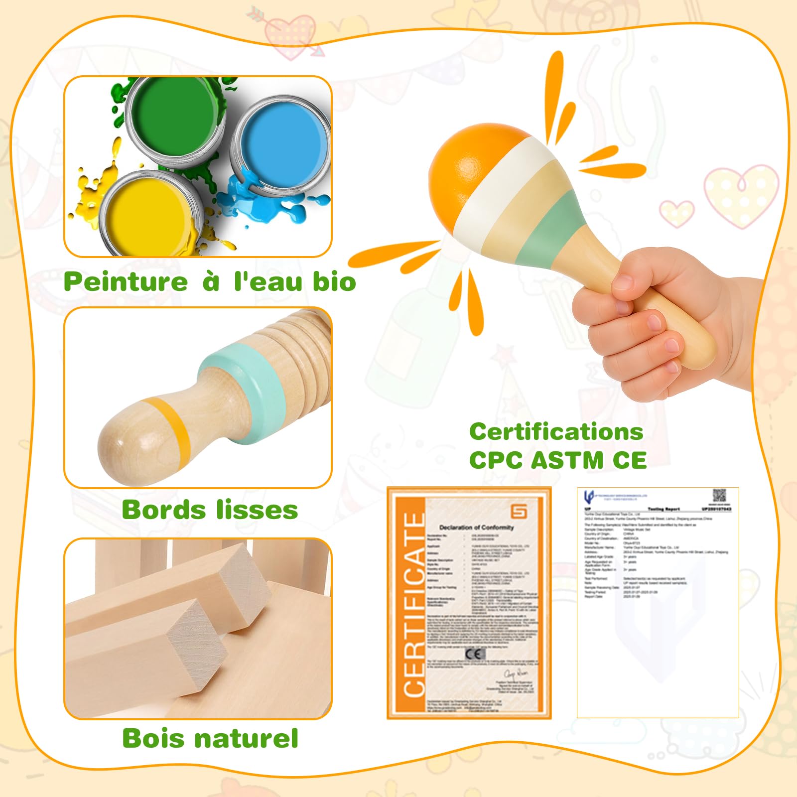 Instrument de Musique Enfant, Jouet Bebe Musique Montessori, Batterie Xylophone Maracas Jouet Enfant en Bois, Instrument Percussions Cadeau Garçons Fille 1 2 3 an