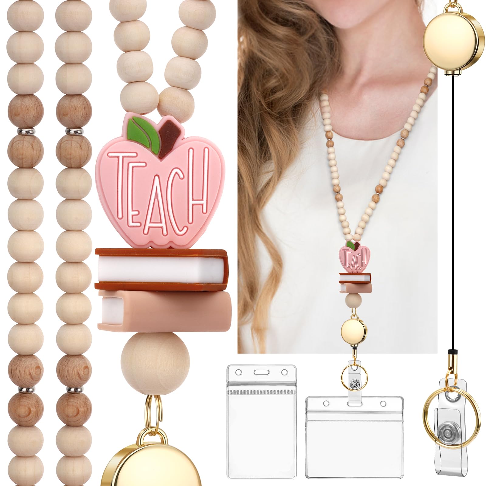 YAVVOZH Teacher Lanyard with Id Holder, Retractable Lanyards for Id Badges Keys, Cute Natural Wooden Beaded Lanyard for Women