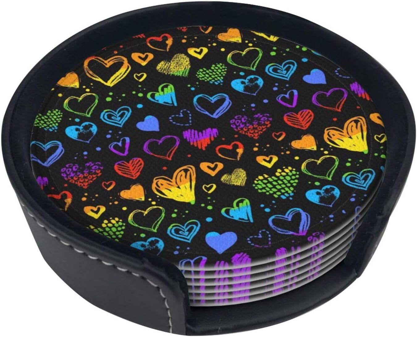 6 Pcs LGBT Gay Pride Coasters with Holder Rainbow Round Coasters Drink for Kitchen Dining Home Table Decor