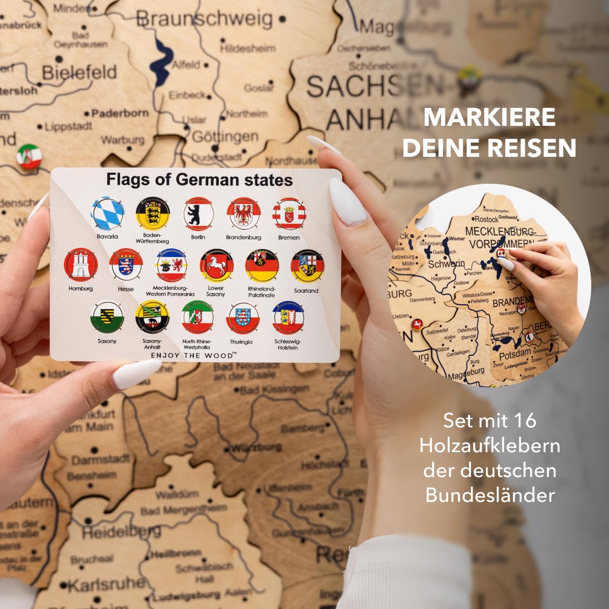 Enjoy The Wood 3D Holz Deutschlandkarte Pinnwand Geschenkidee für Reisende Deutschland Karte zum Pinnen Wandbild Landkarte Deutschland für Wanddeko & Reisen (Gold, S)