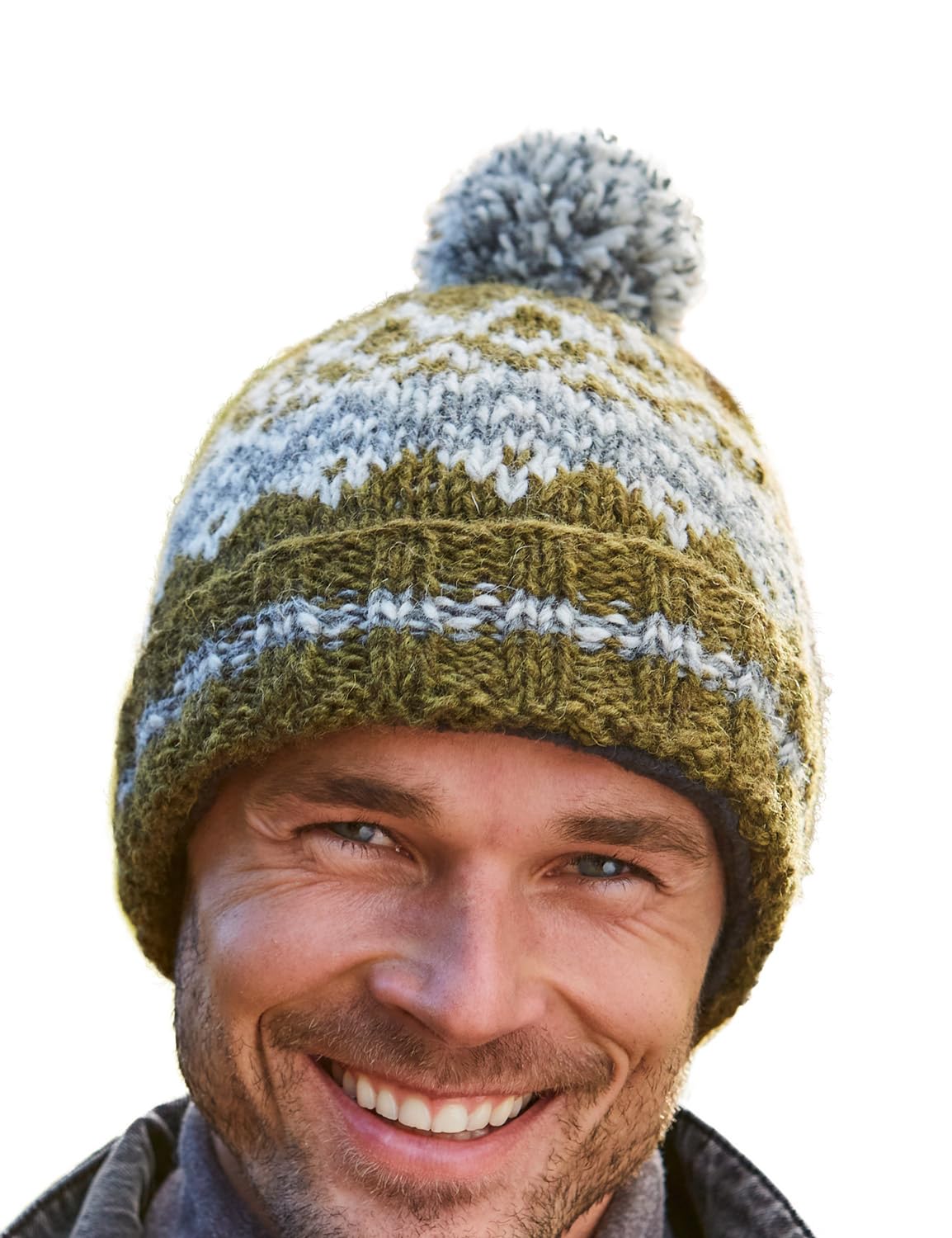 Pachamama Men's Moss Wool Beanie Bobble Hat Fleece Lined Handknitted Contemporary Fairisle One-Size Handmade Extra Warm Fair Trade (Wool, )
