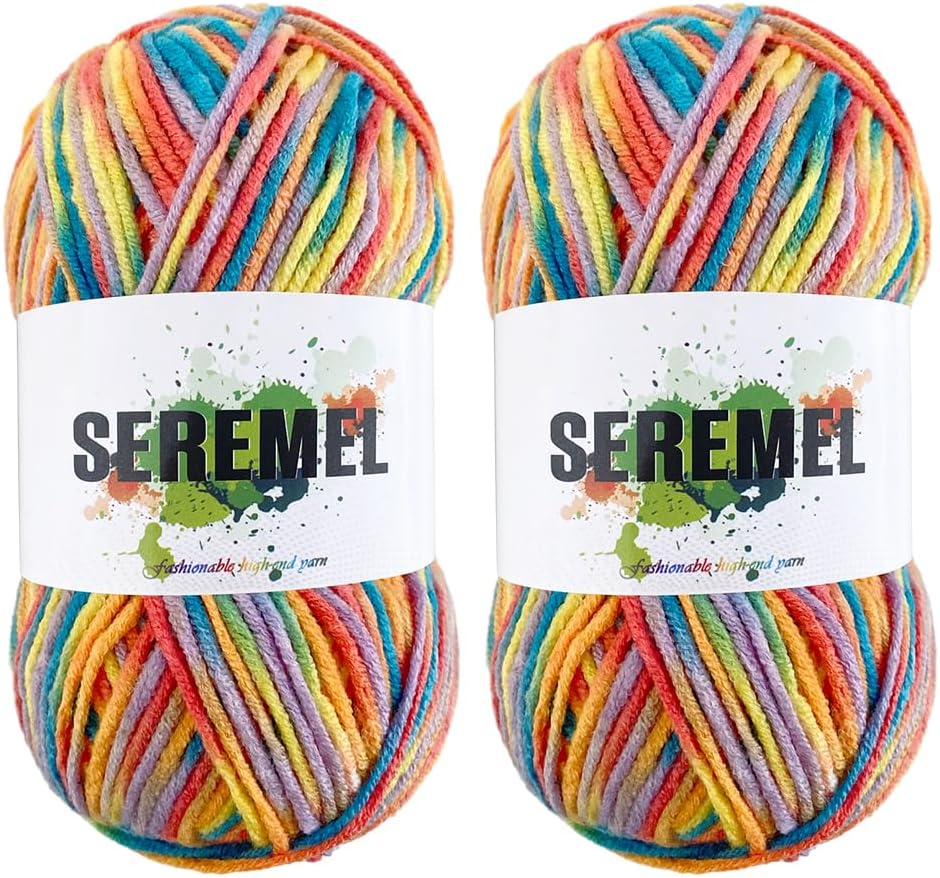 seremel Acrylic Yarn, Space-Dyed 2 Pack Colored 128m/140yds 5-Strand Twisted Yarn for Knitting & Crocheting DIY Projects (Multicolor)