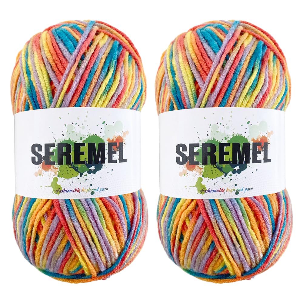 seremel Acrylic Yarn, Space-Dyed 2 Pack Colored 128m/140yds 5-Strand Twisted Yarn for Knitting & Crocheting DIY Projects (Multicolor)