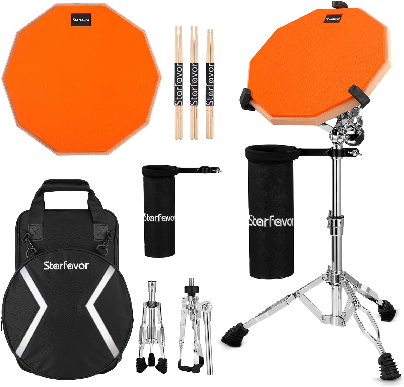 StarfavorDrum Practice Pad with Snare Drum Stand Set, 12-Inch Double Sided Silent Practice Pad with Drum Sticks, Drumstick Holder, Luminous Carrying Bag, Orange (Fits 8''-15'' Drums)