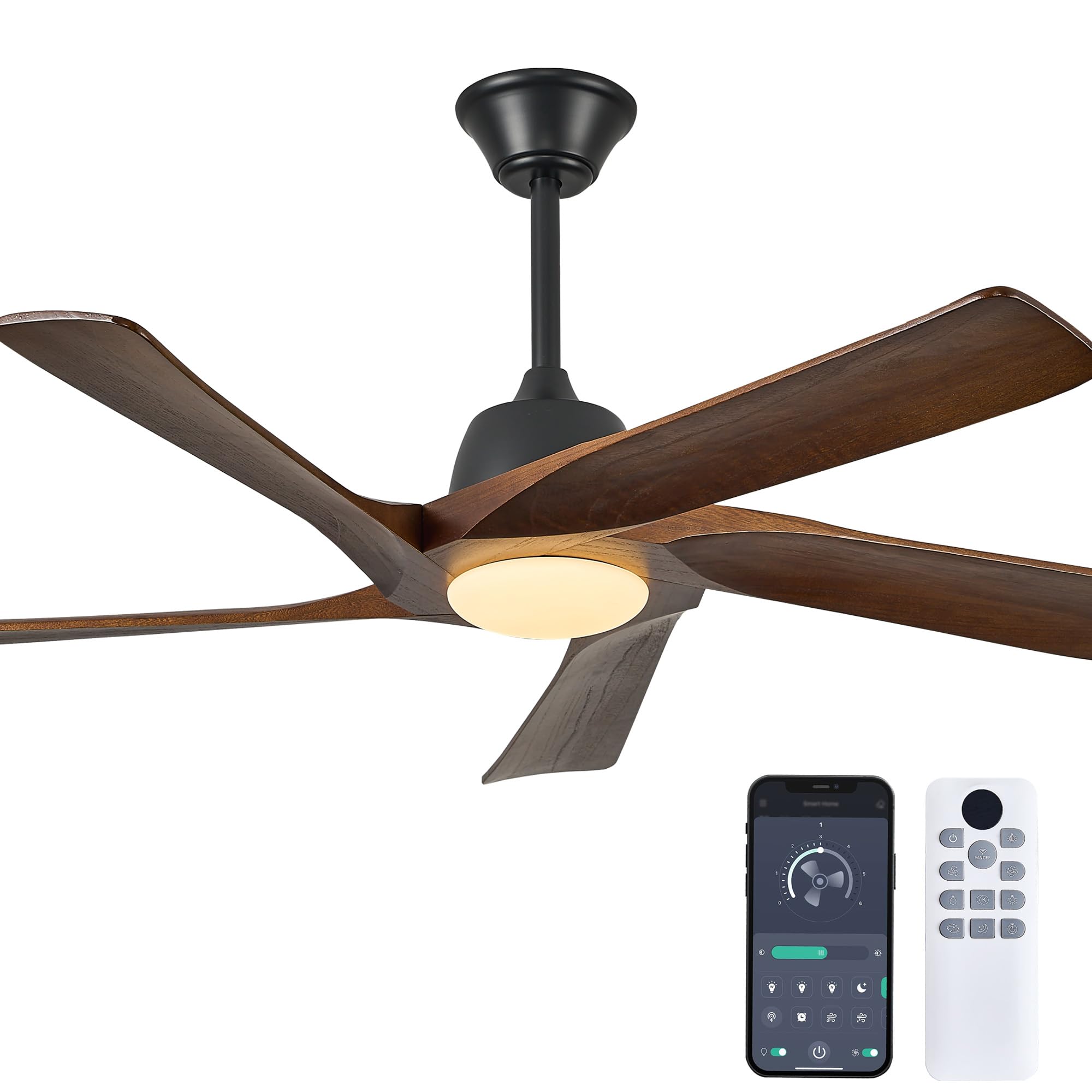 LVYEAYOU 52 Inch Solid Wood Ceiling Fan with Light, Remote and APP Control, 3-color Dimmable, DC Motor, 6-speed Reversible, Dark Walnut