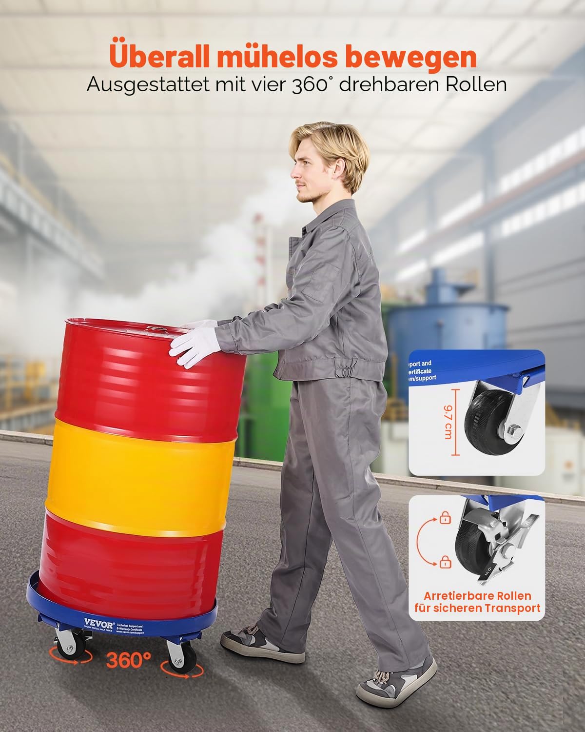 VEVOR Fassroller für 55 Gallonen, 907 kg Tragkraft, Ø615x188mm Transportroller mit Querstreben & 4 Lenkrollen, Kippsicherer Rollwagen für die Handhabung von Fässern im Lager, Blau