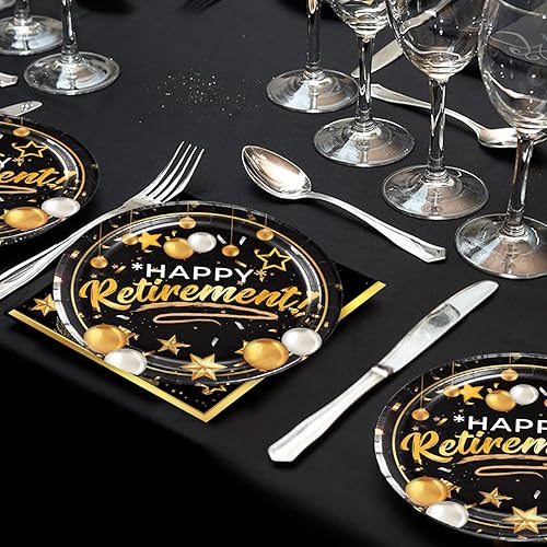 Miniatura 5 de 40 piezas de suministros para fiestas de jubilación, incluyen 20 platos negros y dorados, 20 servilletas, utilizados para decoración de fiesta de