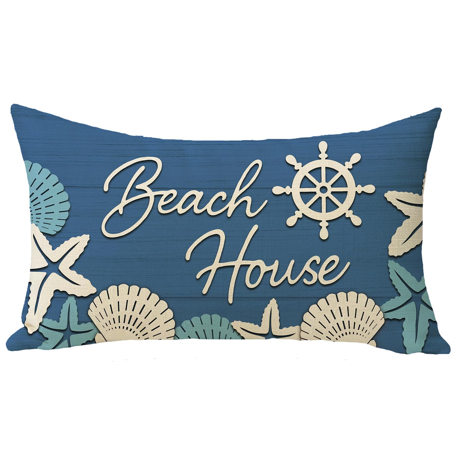 Fjfz Beach House Navy Blue Lumbar Decorative Throw Pillow Cover 12 x 20 Rectangular Nautical Helm Shell Starfish