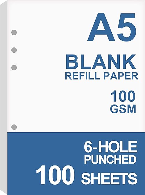 A5 Blank Refills Paper for Filofax Planner/Binders, 100 Sheets/200 Pages, 100gsm White Paper, 6 Hole Loose Leaf Paper, 14.8x21cm