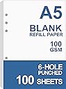A5 Blank Paper, Refills for Filofax Planner, Organizer, Binders, 6 Hole Punched, 100 Sheets/200 Pages, 100gsm, White, 5.8 x 8.2 Inch