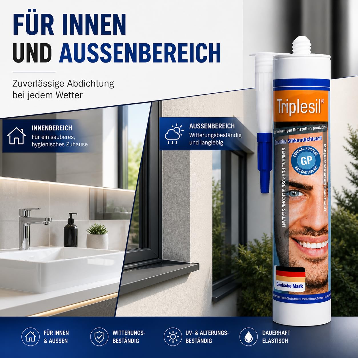 Triplesil Sellador de Silicona-Alta Temperatura 24 x 310 ml Cartucho de Silicona Universal para Baño, Cocina y Bricolaje – Impermeable y Resistente a los Rayos UV – Para Interior y Exterior(24x white)