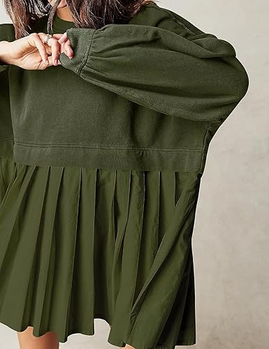Miniatura 2 de Jielayou Vestido de sudadera de gran tamaño para mujer, manga larga, retazos, cuello redondo, sin botones, para otoño, plisado, mini vestido