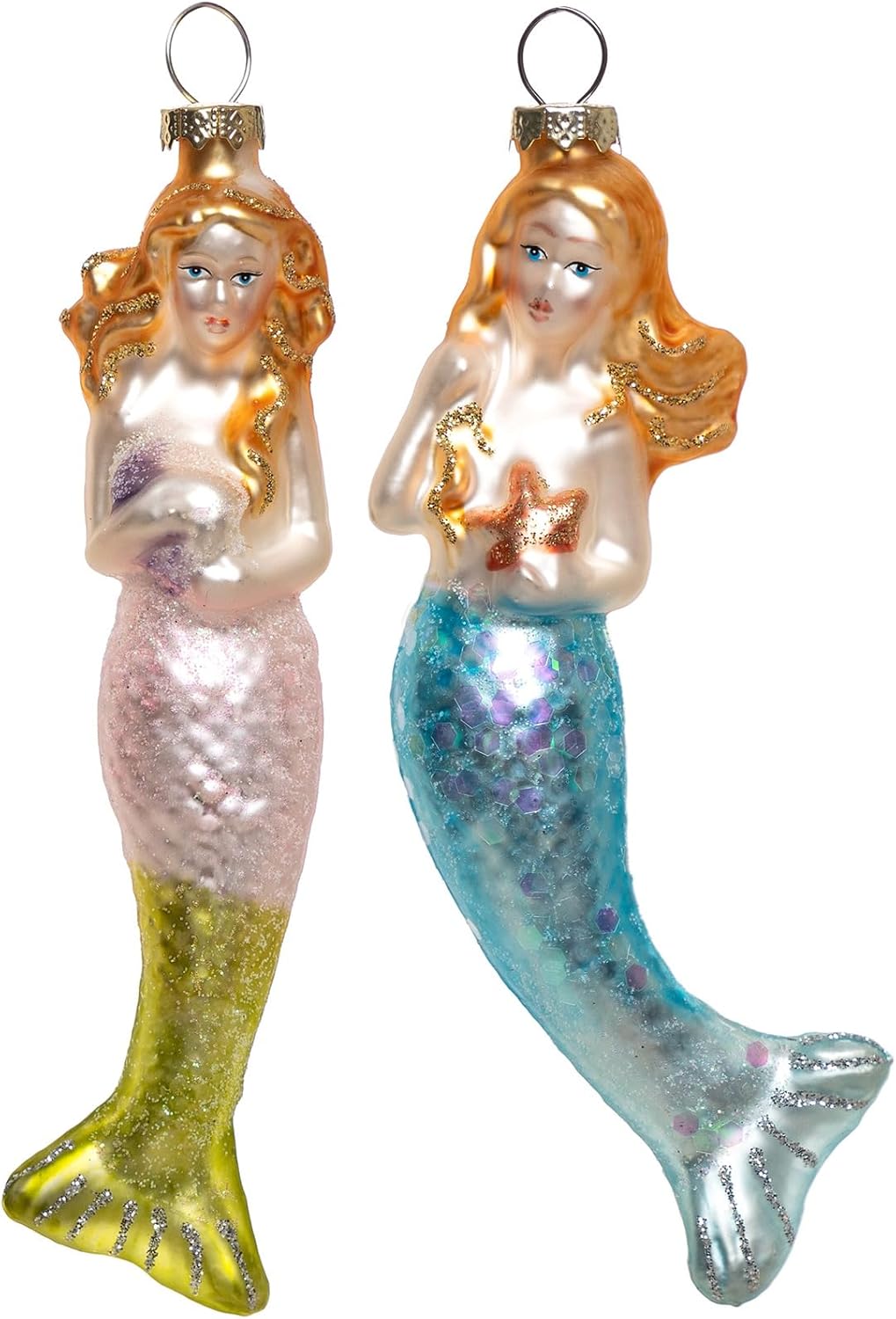 2 Count Glass Mermaid Christmas Ornament, Blown Glass Mermaid Ornaments for Christmas Tree