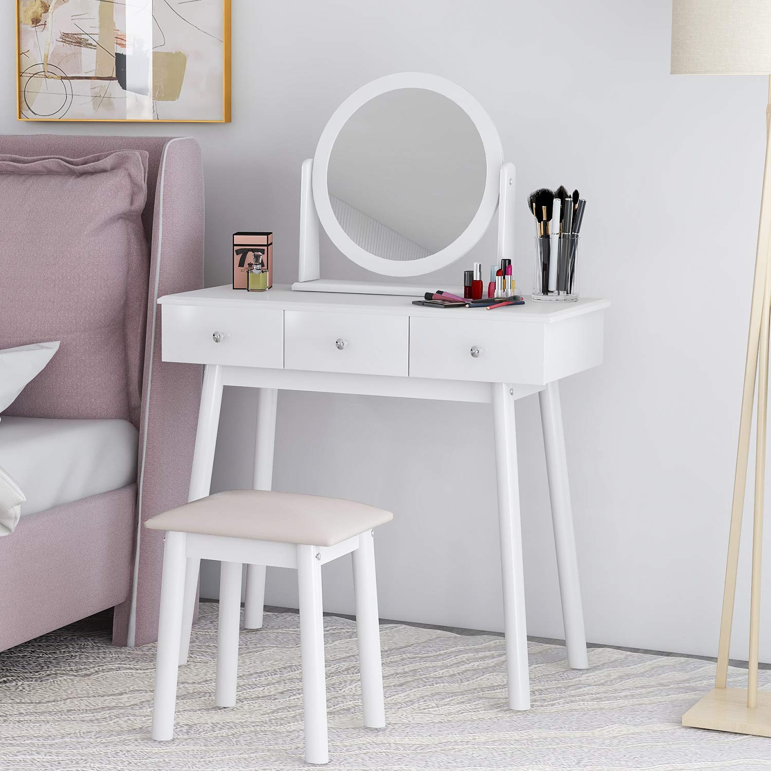 KAI-ROAD Piccola scrivania per trucco senza specchio, set da tavolo bianco con cassetti in legno e sgabello, prese e piano di lavoro pieghevole per camera da letto Schminktisch moderno