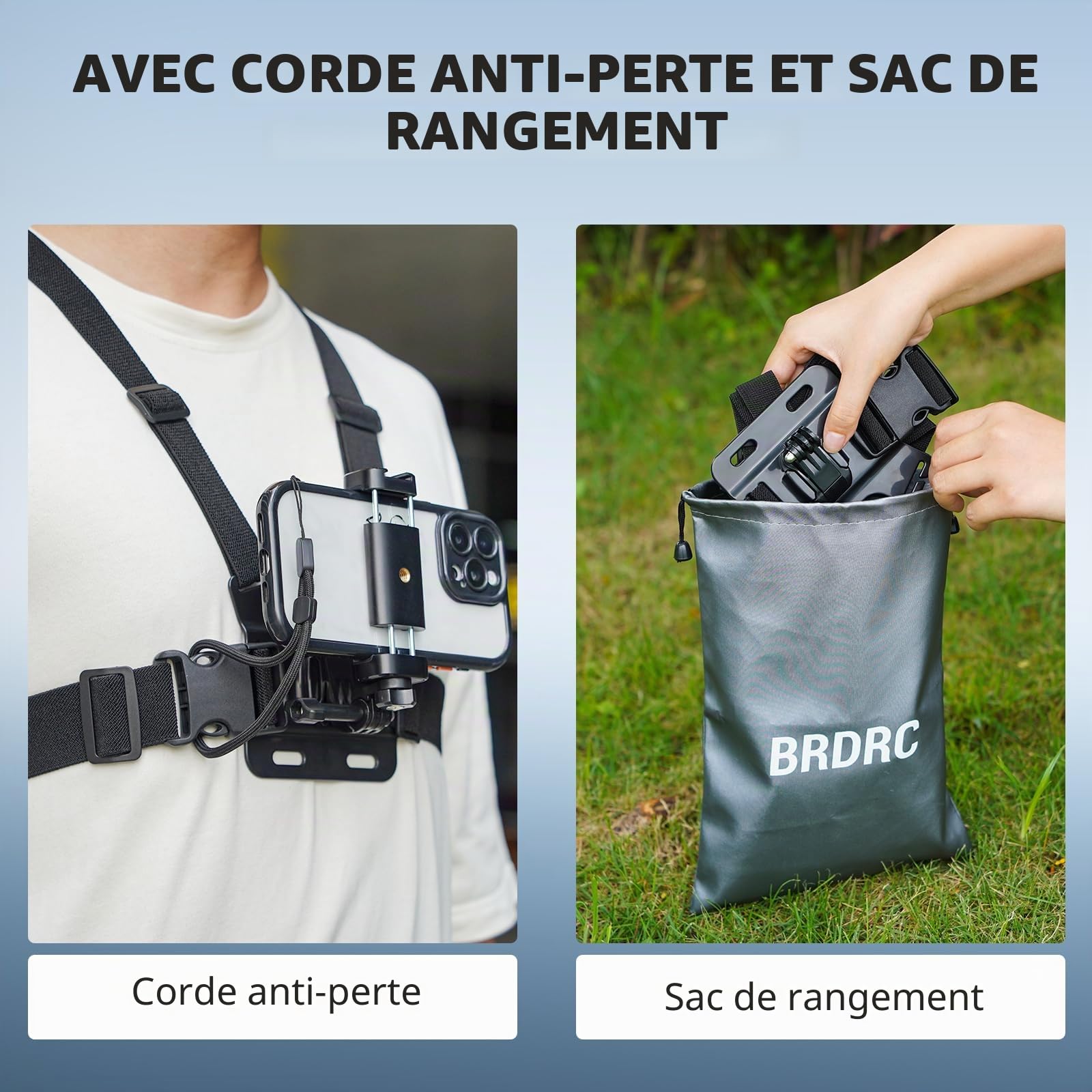 BRDRC POV Support de poitrine et tête pour iPhone, GoPro, DJI Osmo Pocket 3, Insta360 X5/4/3, Samsung Vlog Body Harness Strap Holder Kit